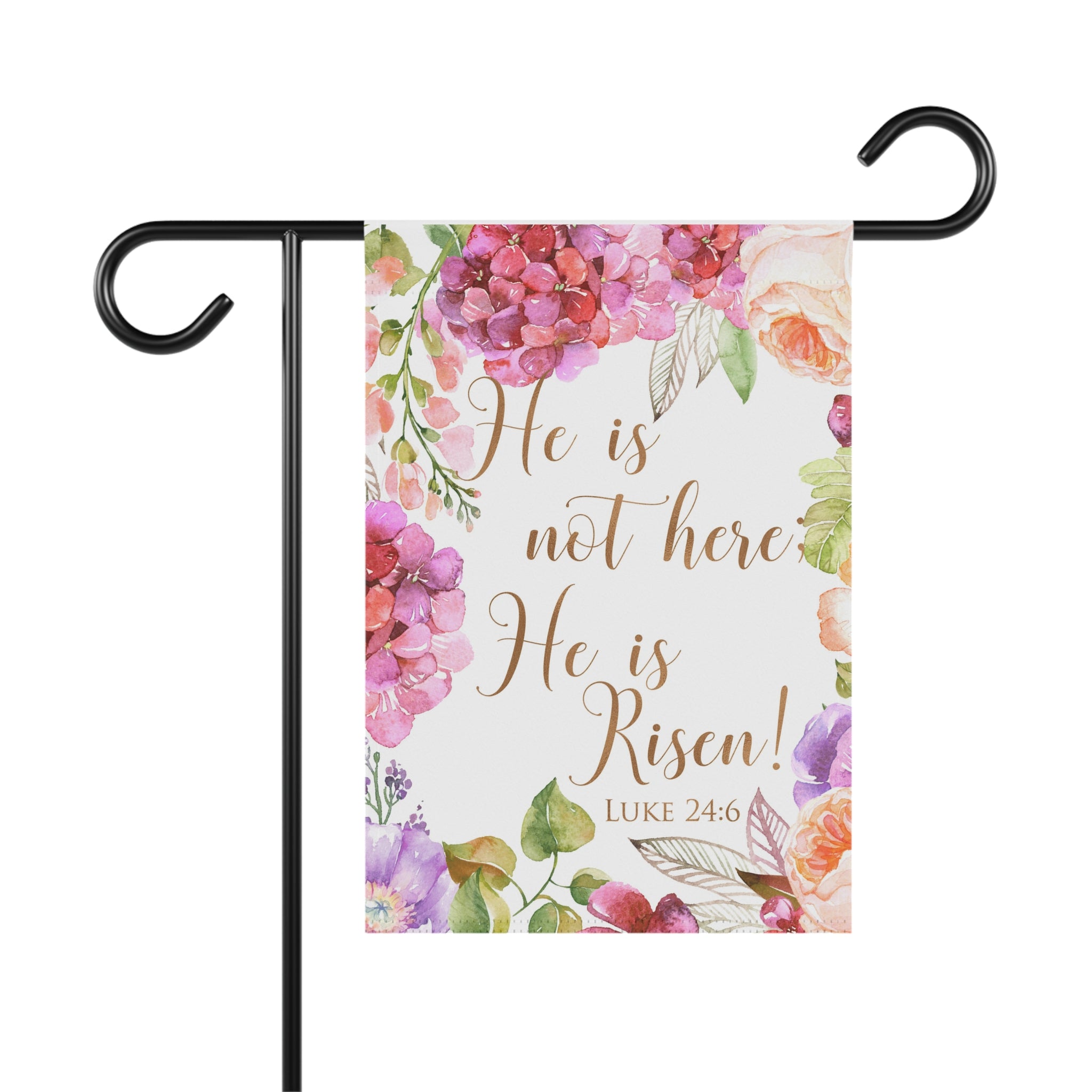 Decorative garden flag with floral design and text on a white background