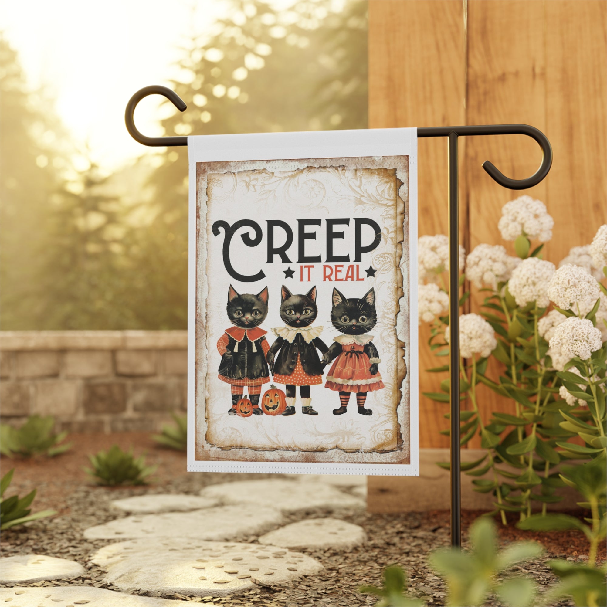 Creep It Real Halloween Garden Flag 12x18 – Vintage Black Cat Yard Decor