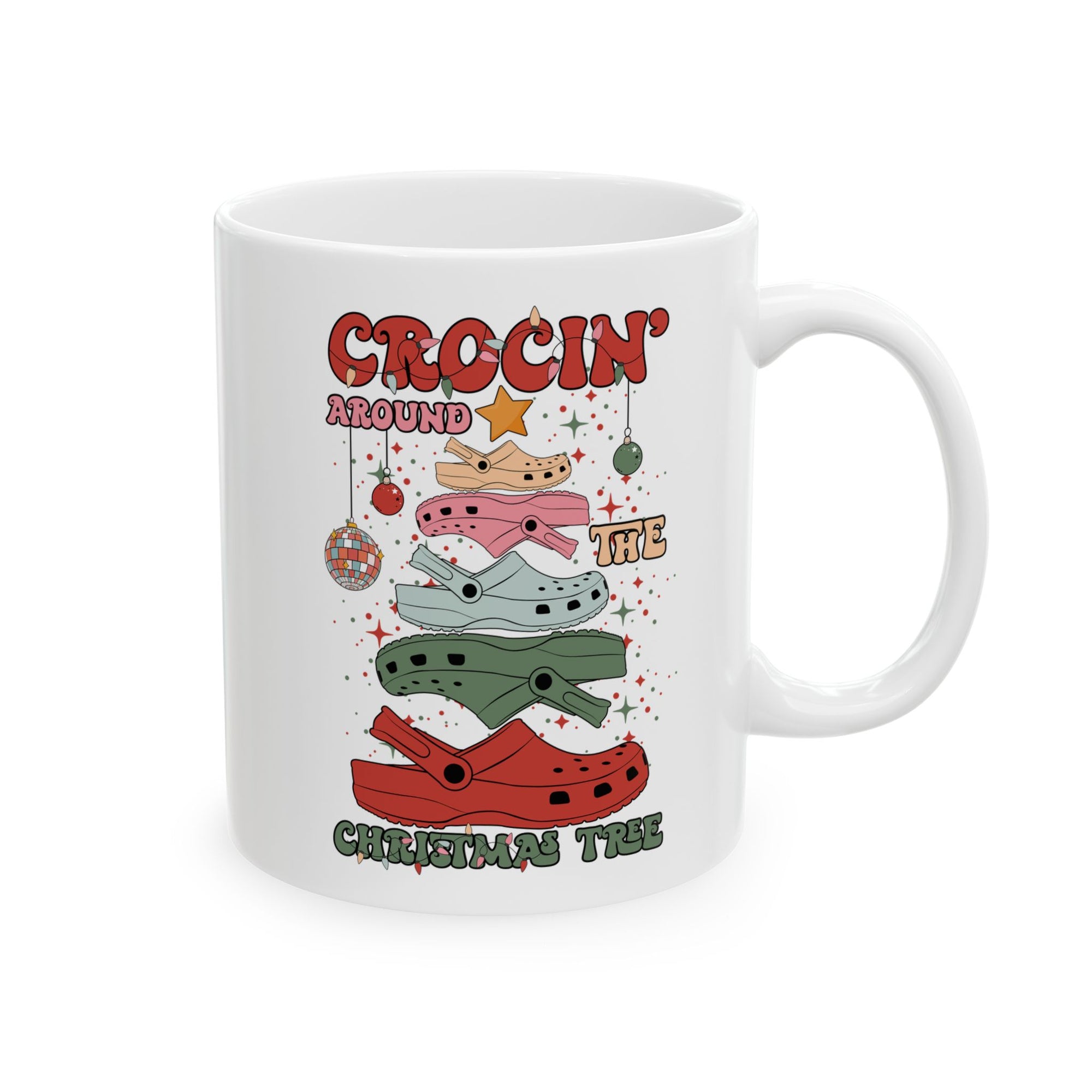White mug with colorful croc graphic and text on a white background