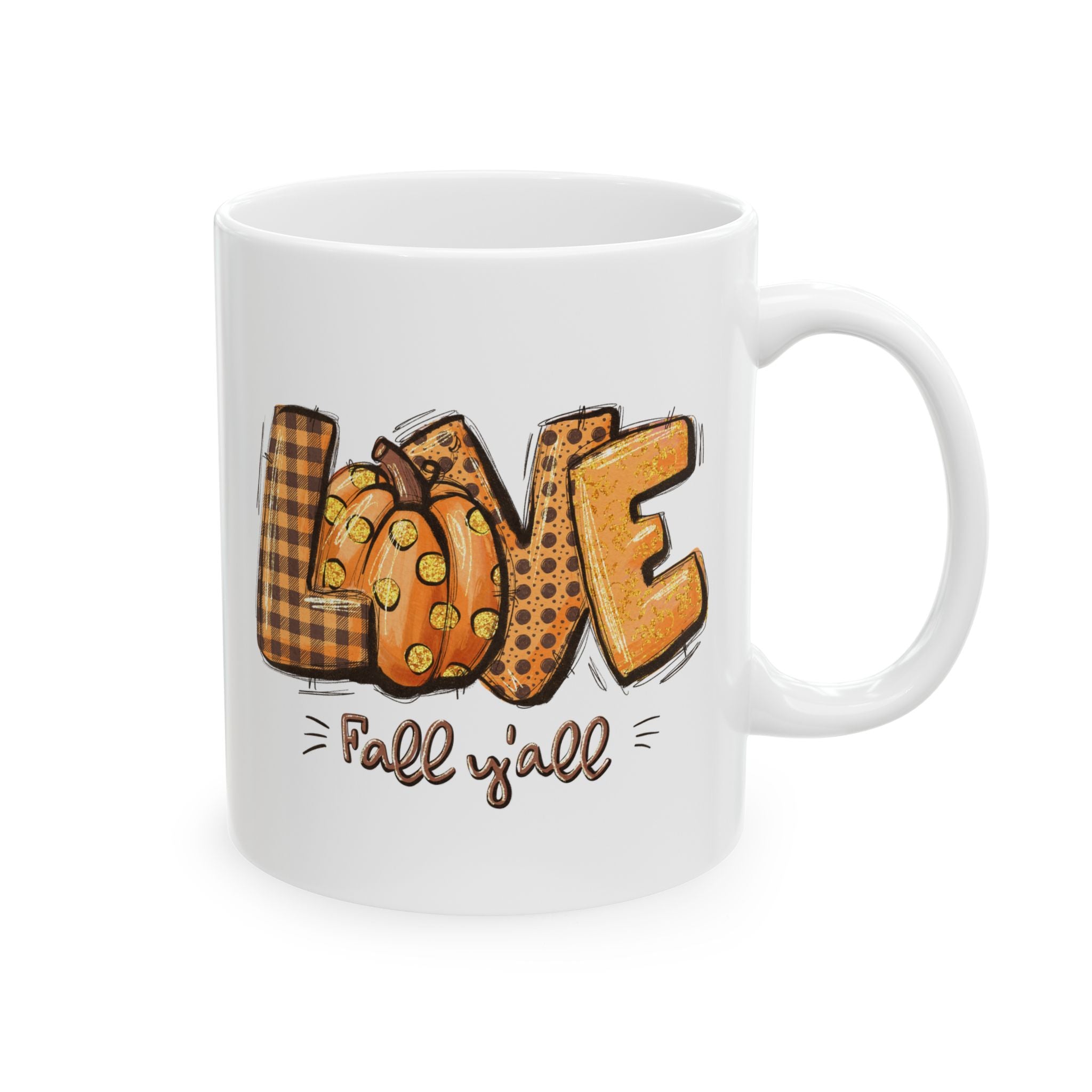 LOVE Fall Y'all – Buffalo Plaid Pumpkin Autumn Coffee Mug (11oz, 15oz)