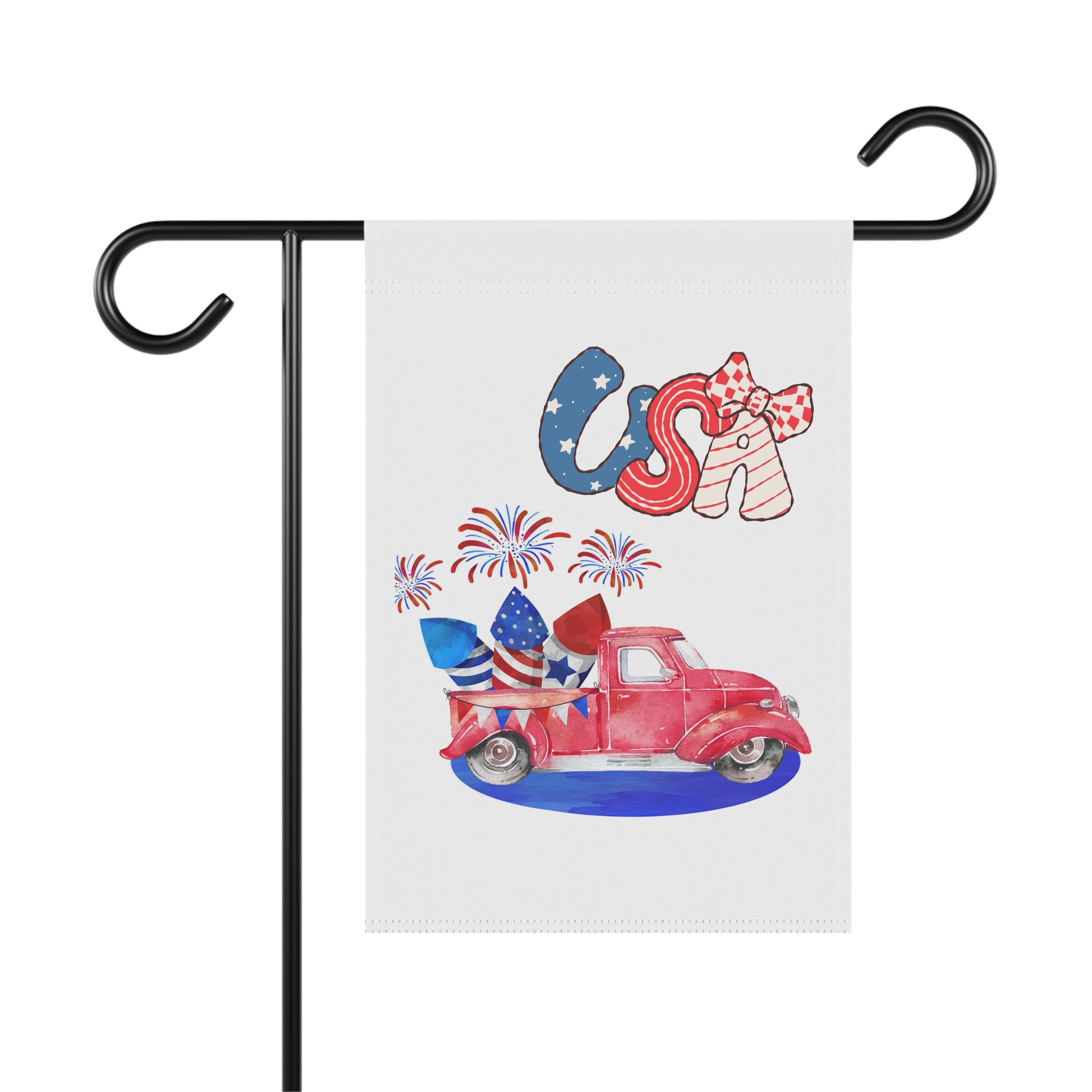 Old fashioned USA pickup truck garden flag with vintage truck in patriotic red, white, and blue