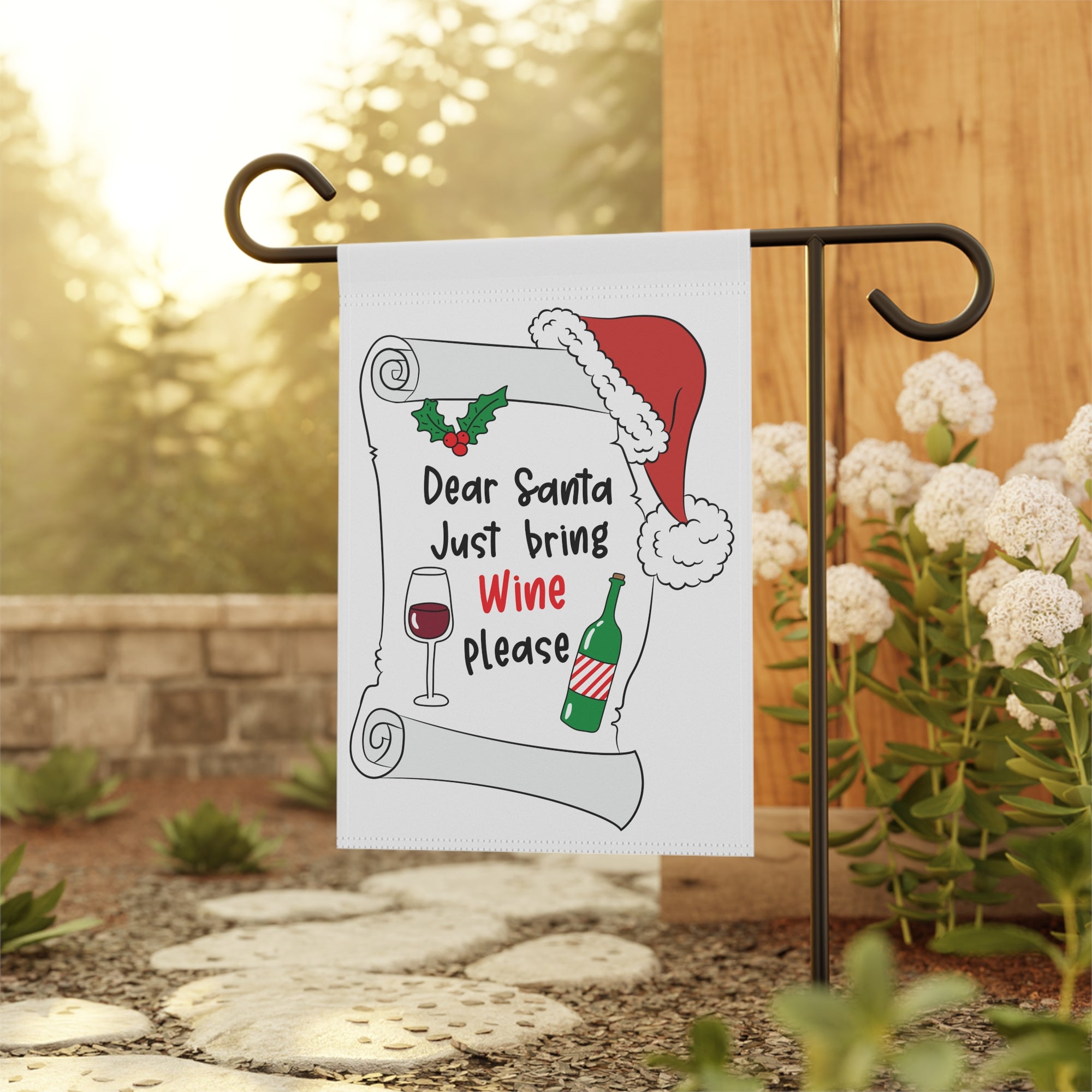 Dear Santa Bring Wine Christmas Tree Garden Flag 12x18 – Funny Winter House Yard Decor