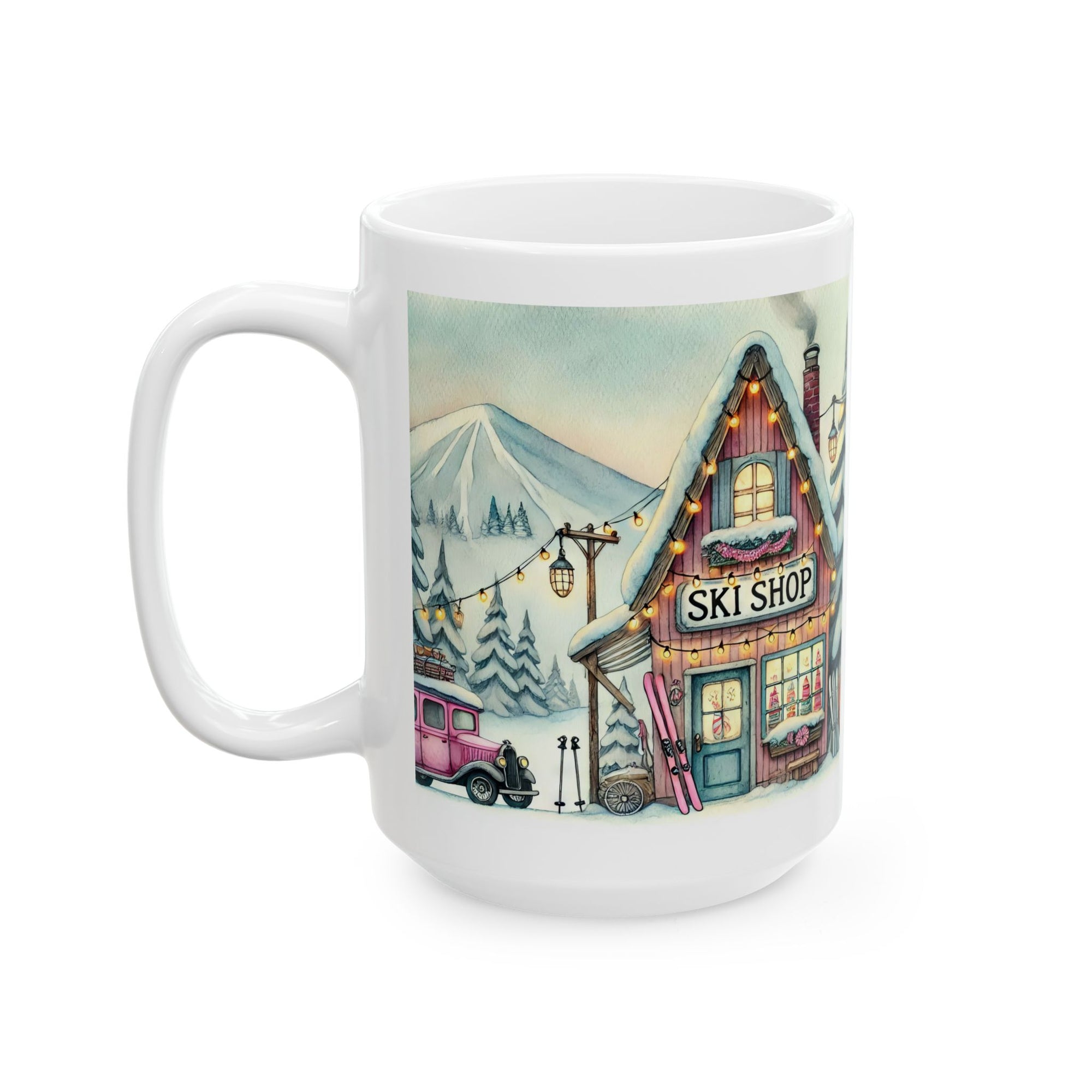 Cozy Holiday Snowy Vintage Ski Shop Winter Village Ceramic Mug  (11oz/15oz)