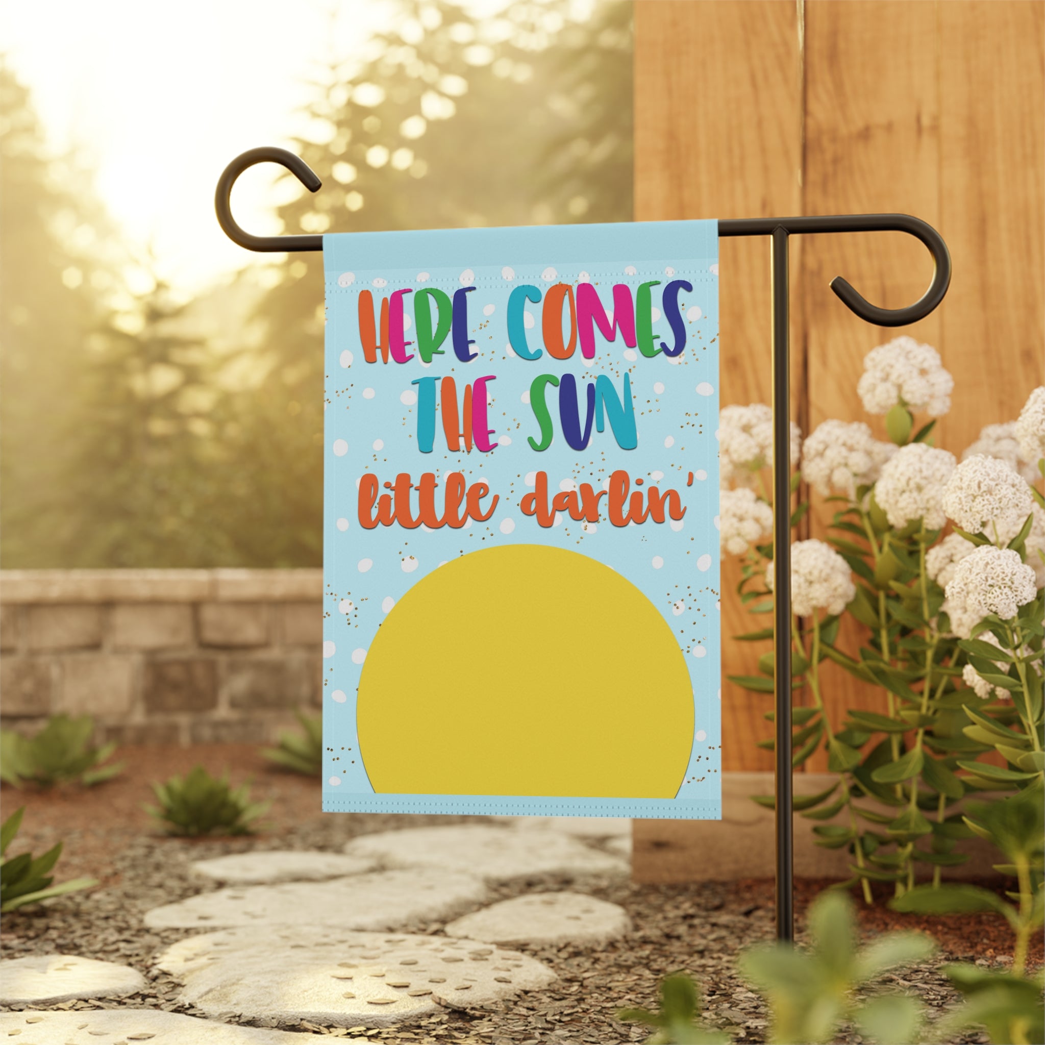 Sunshine summer garden flag displayed outdoors on a sunny porch