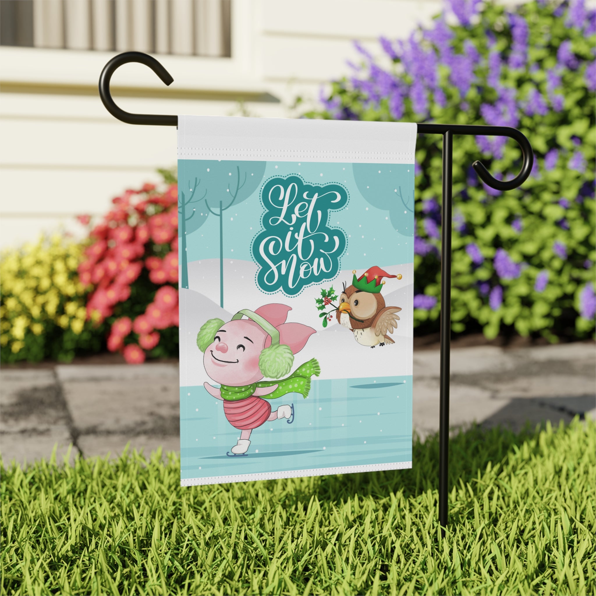 Let It Snow Ice Skating Garden Flag 12x18 – Cute Cartoon Winter House Yard Decor