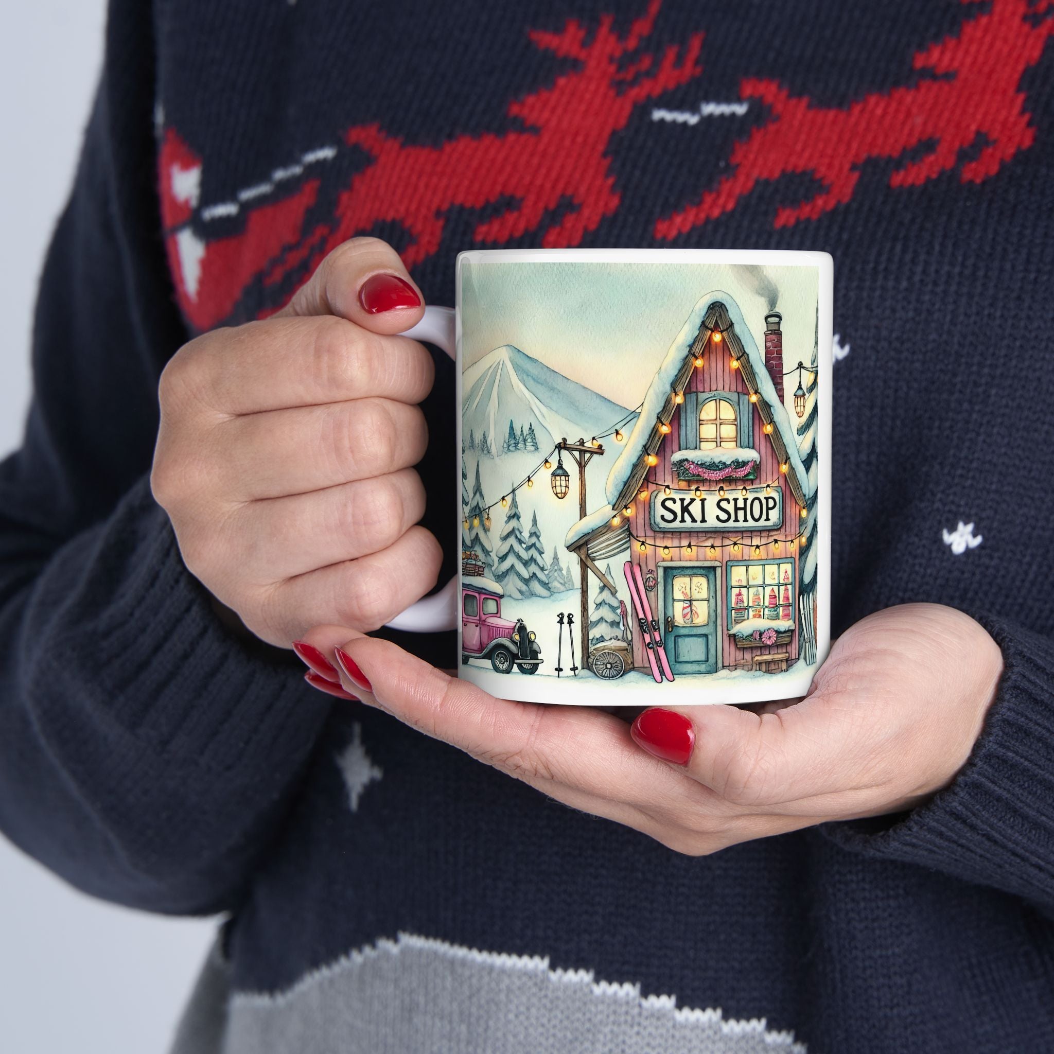 Cozy Holiday Snowy Vintage Ski Shop Winter Village Ceramic Mug  (11oz/15oz)