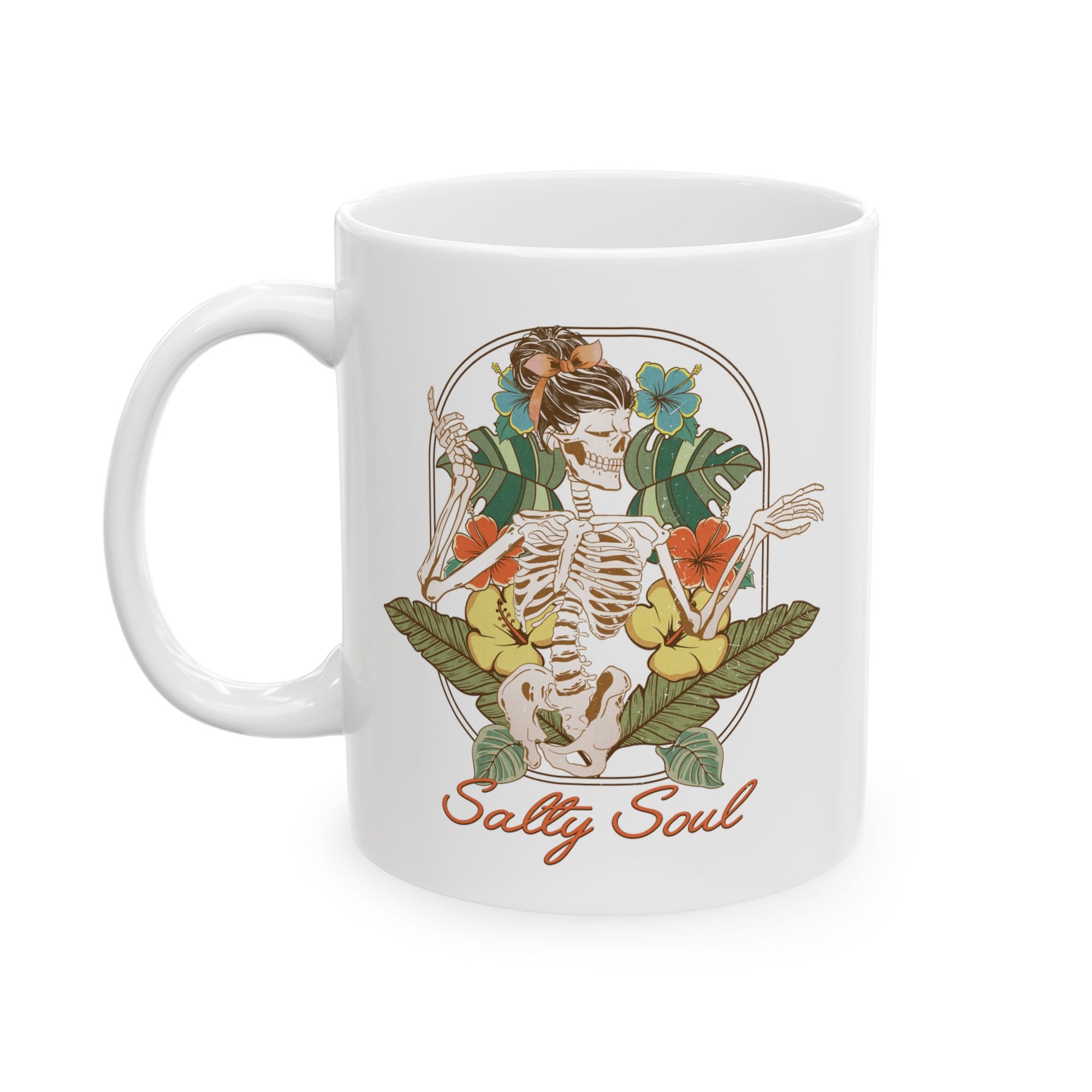White mug with a skeleton design and 'Salty Soul' text on a white background
