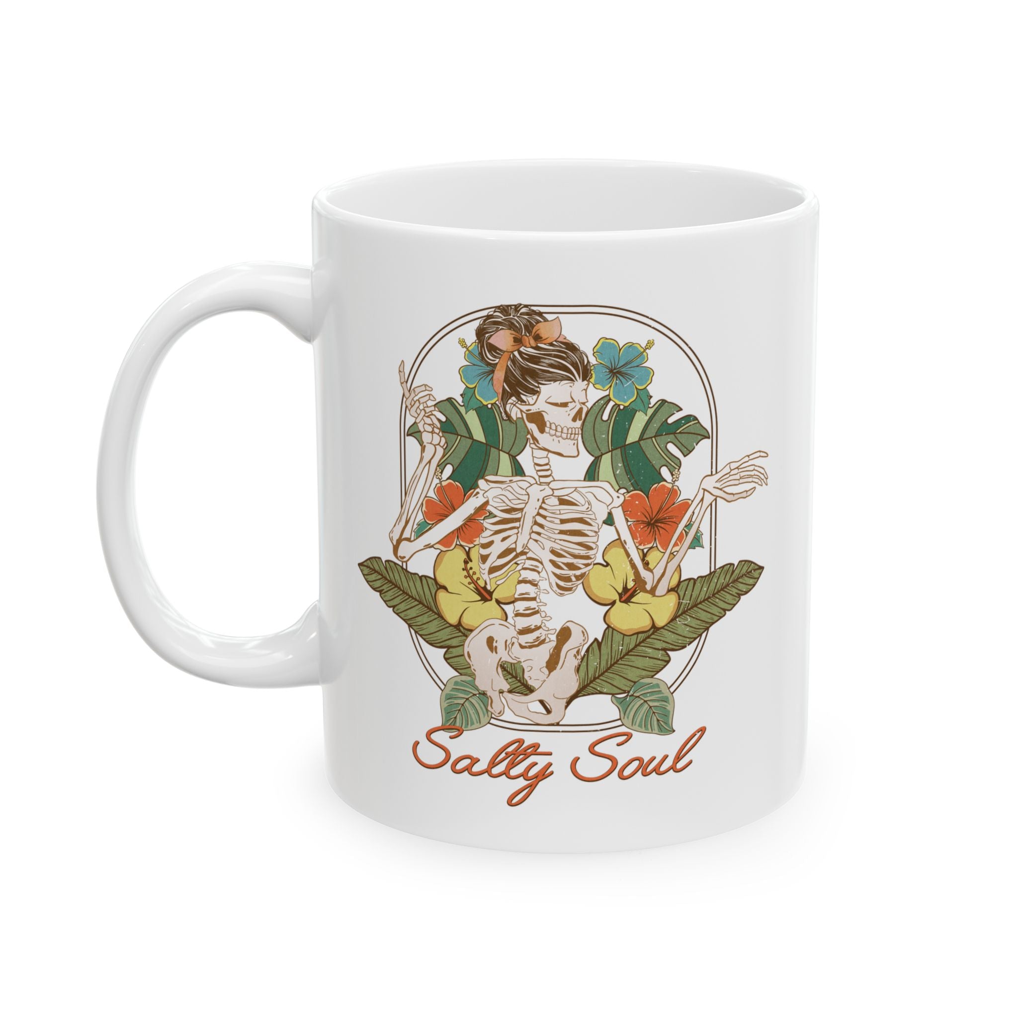 White mug with a skeleton design and 'Salty Soul' text on a white background