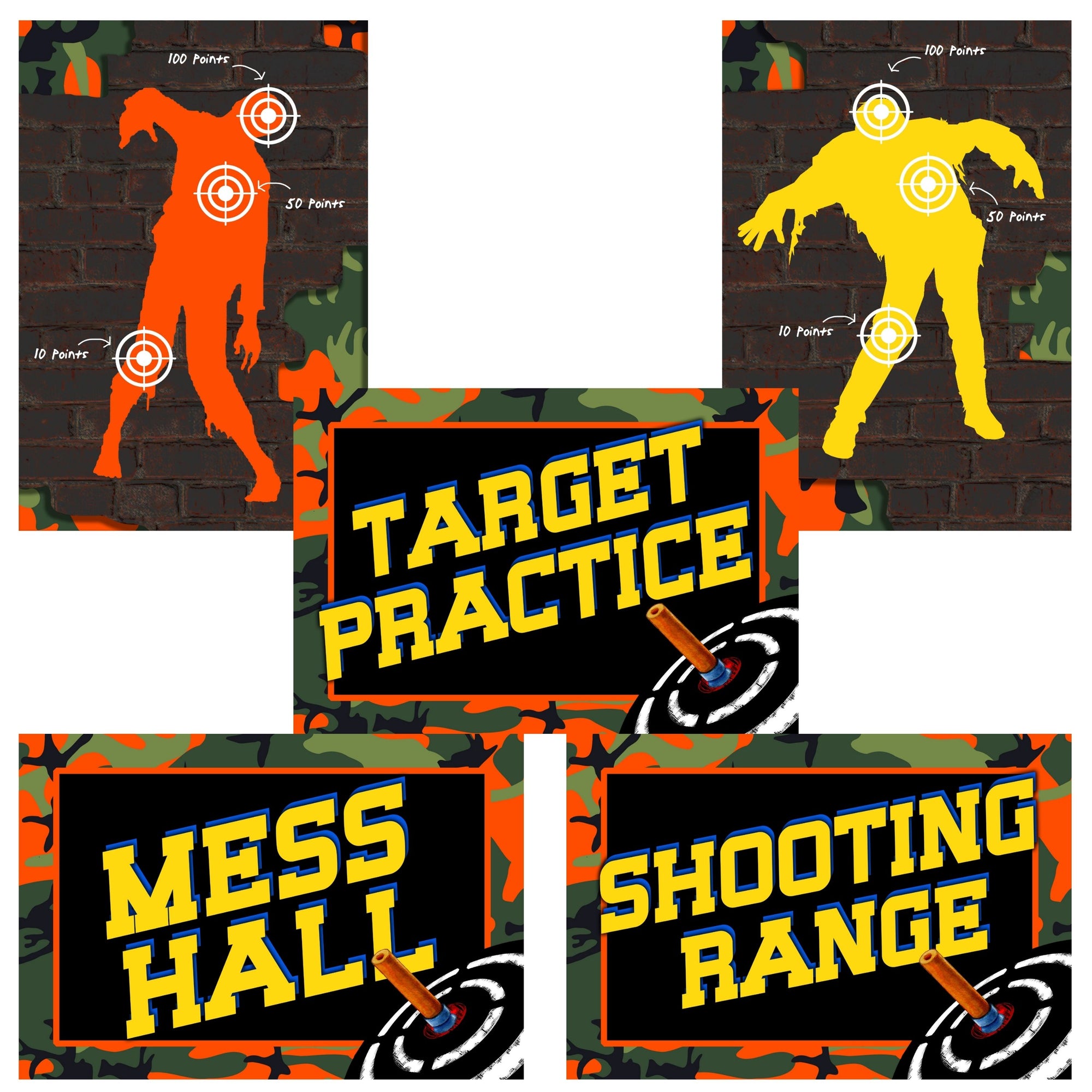 Dart party decor posters including target practice, shooting range and zombie targets for a boys birthday