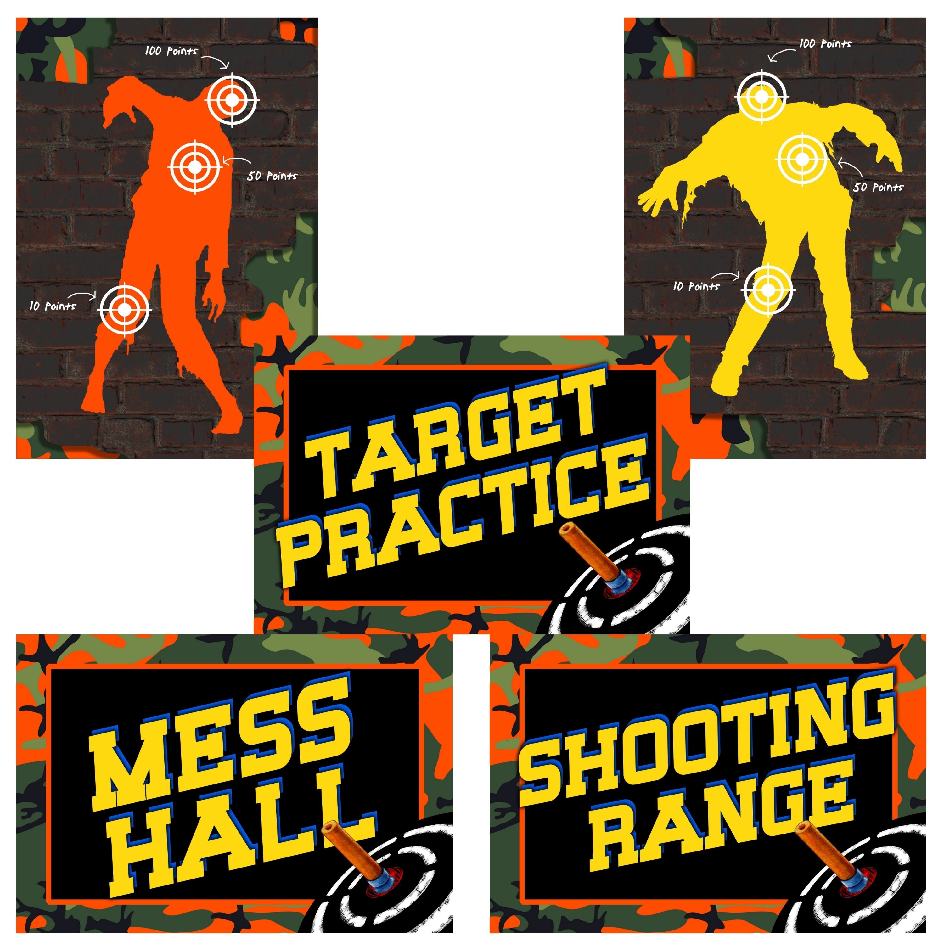 Dart party decor posters including target practice, shooting range and zombie targets for a boys birthday