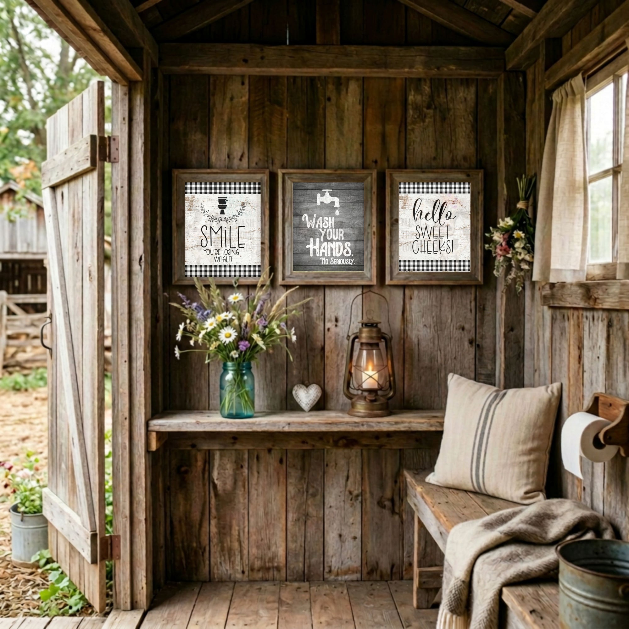 Wooden shed interior with framed pictures of cows, a lantern, and decorative items.