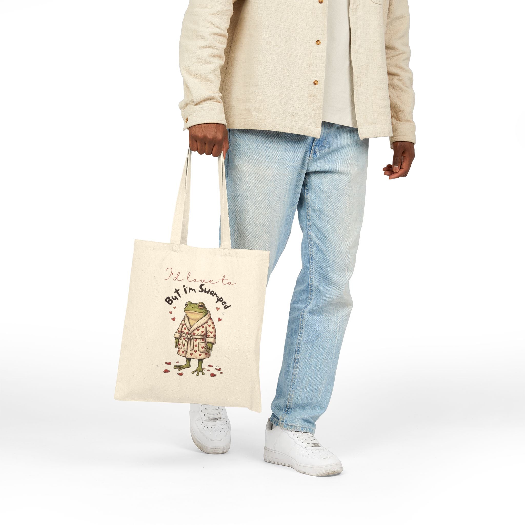 Funny Sarcastic Frog Tote Bag — "I'd Love to But I'm Swamped" Cotton Canvas Reusable