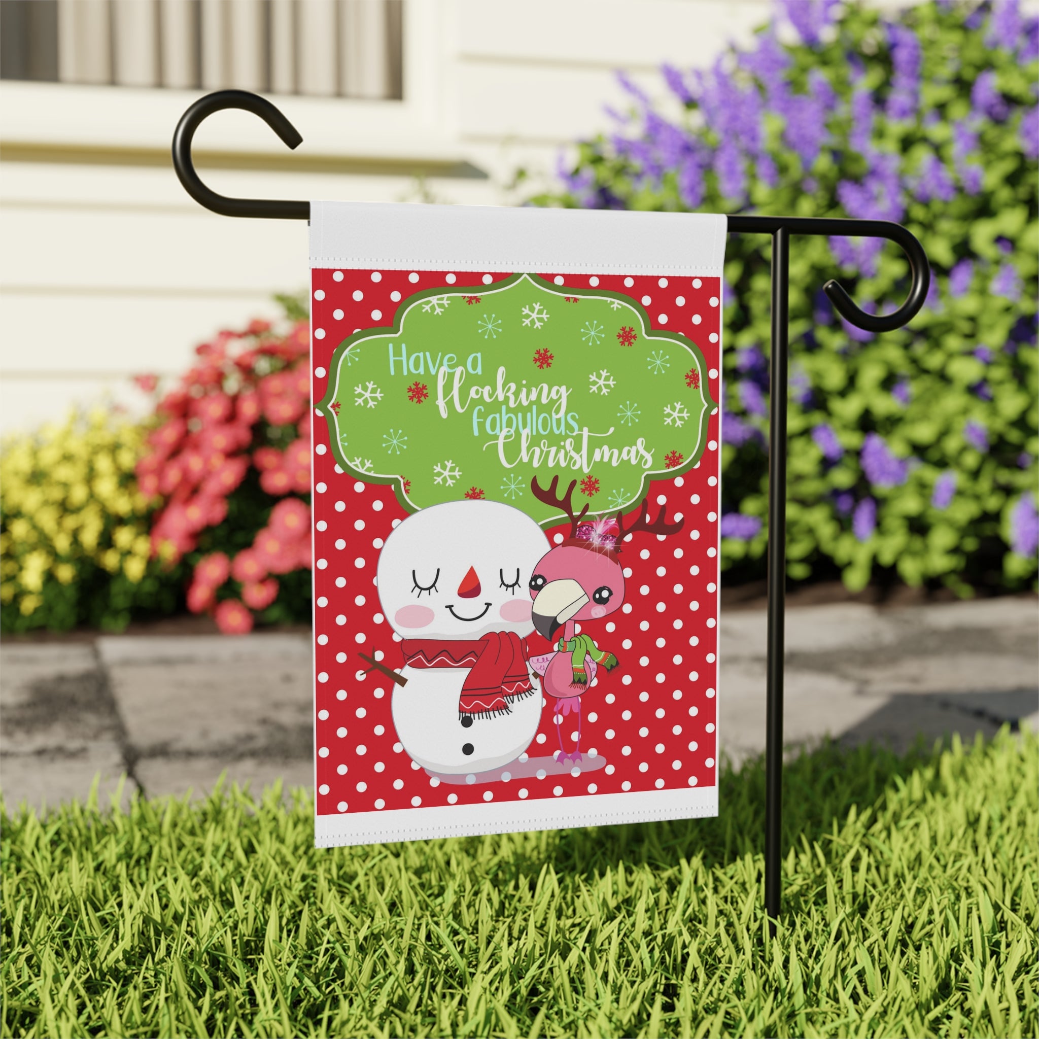 Have a Fabulous Flocking Christmas Garden Flag 12x18 – Cute Flamingo Snowman House Yard Decor
