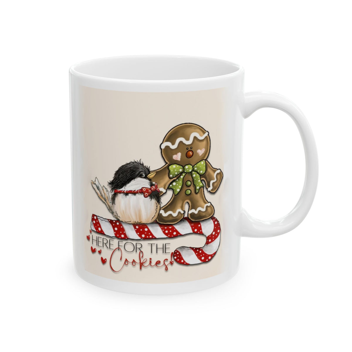 Here For The Cookies - Cute Gingerbread Bird Christmas Mug Drinkware Design (11oz, 15oz)