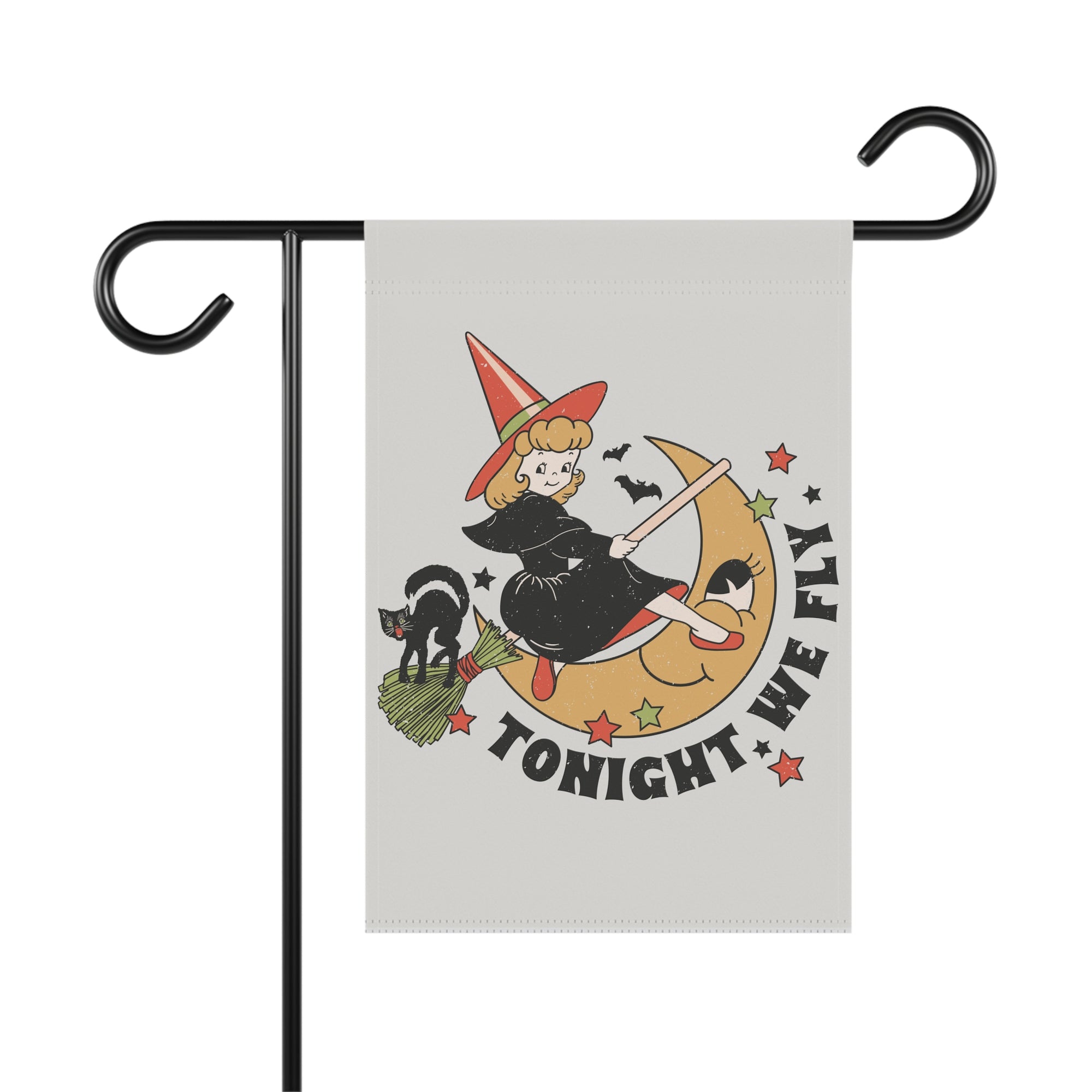 Tonight We Fly vintage witch and black cat Halloween garden flag, 12x18 yard decor