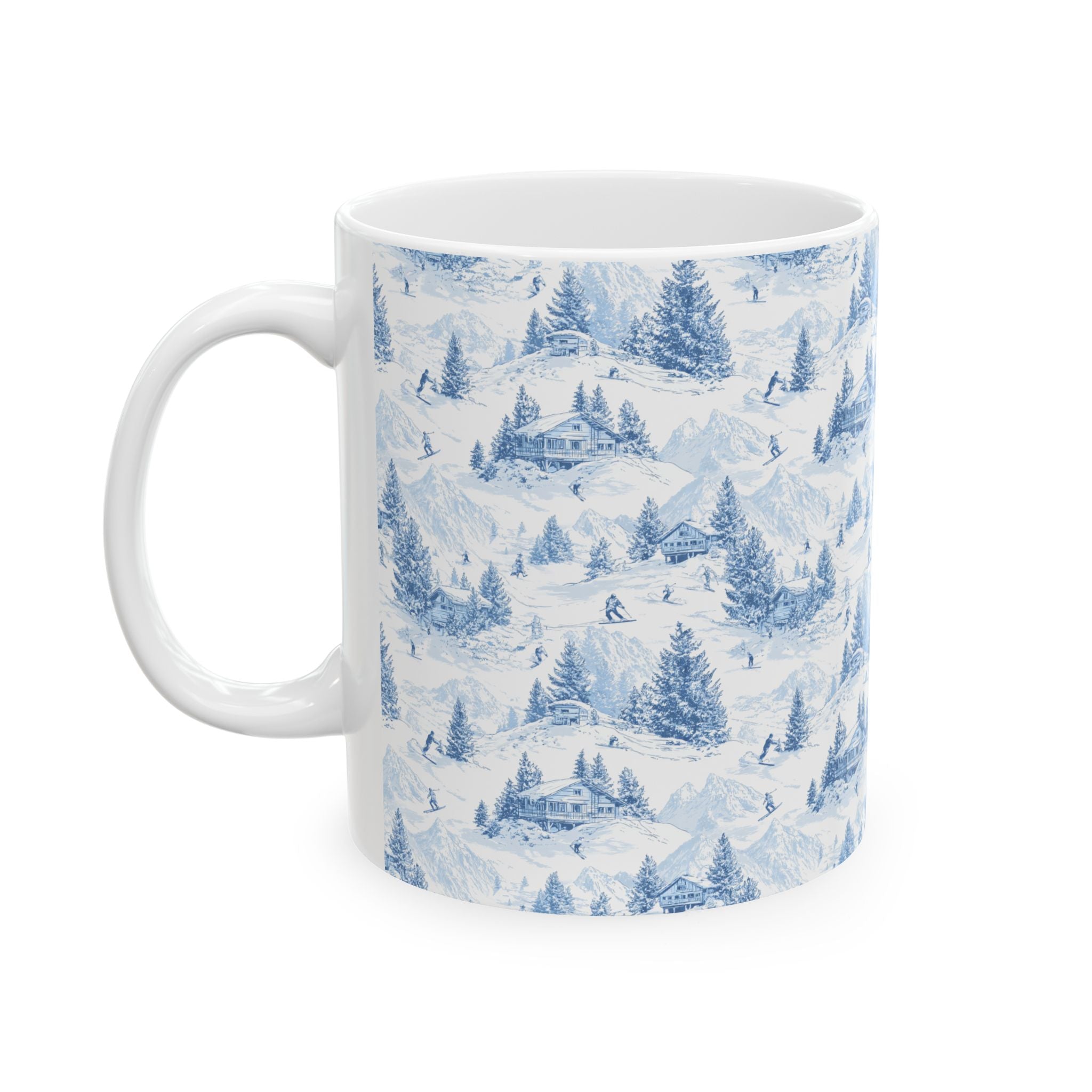 Winter Pines Ceramic Mug — Blue Snowy Ski Mountain Forest Coffee Cup (11oz, 15oz)