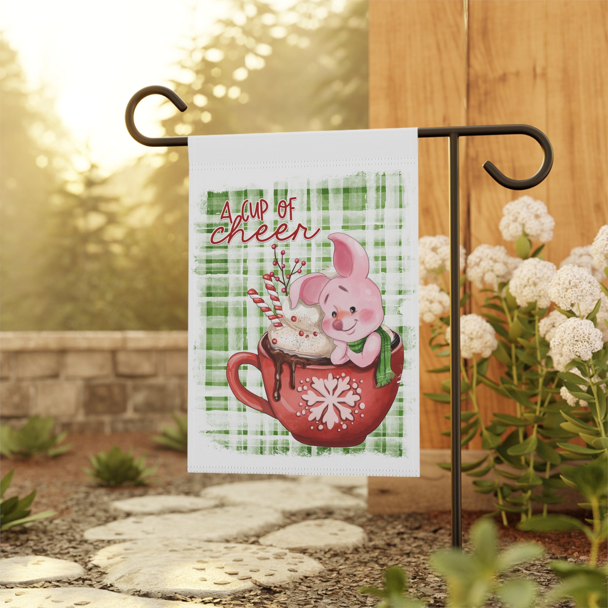 Cup of Cheer Cocoa Mug Christmas Garden Flag 12x18 – Cute Pig House Yard Decor