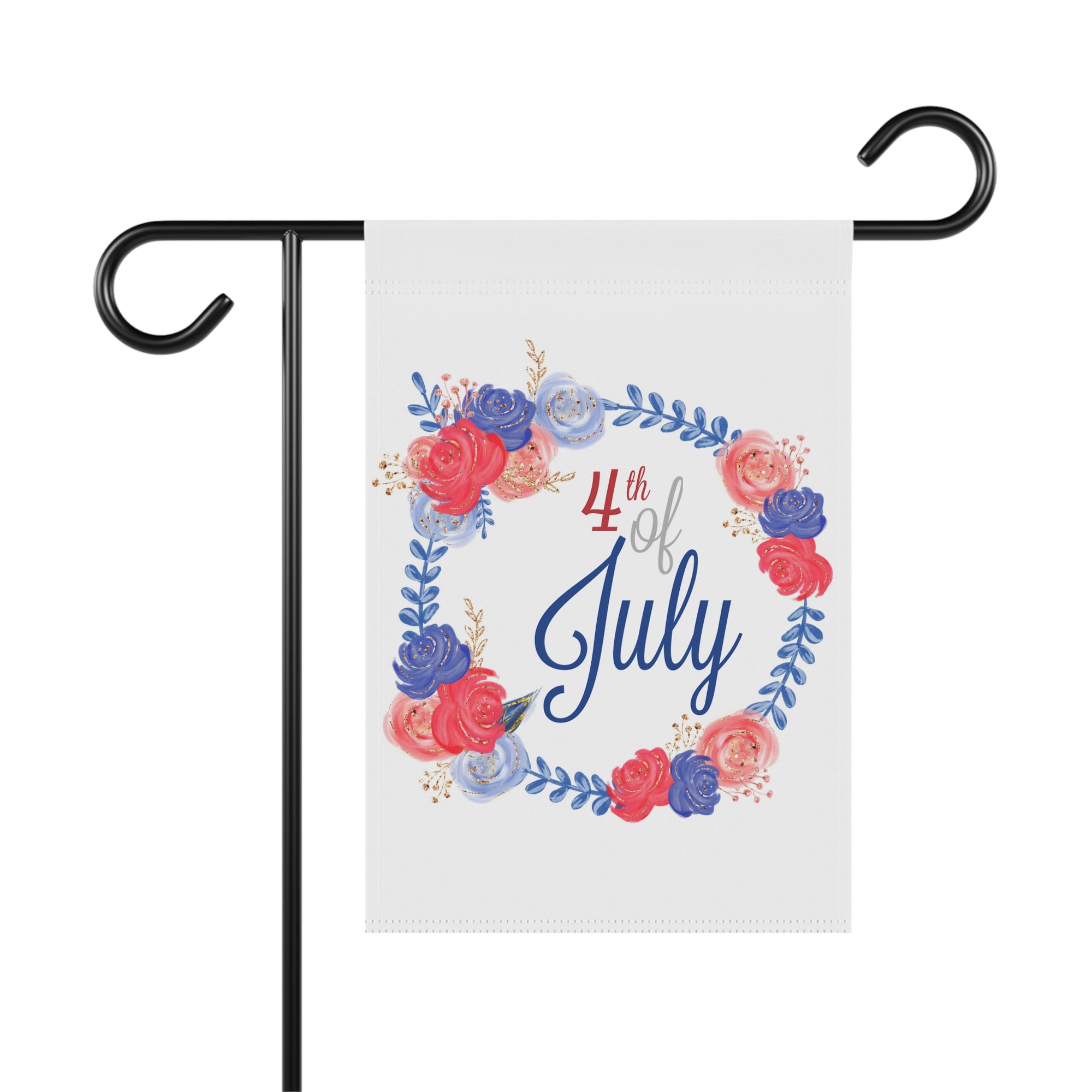 4th of July watercolor floral wreath garden flag in patriotic red, white, and blue