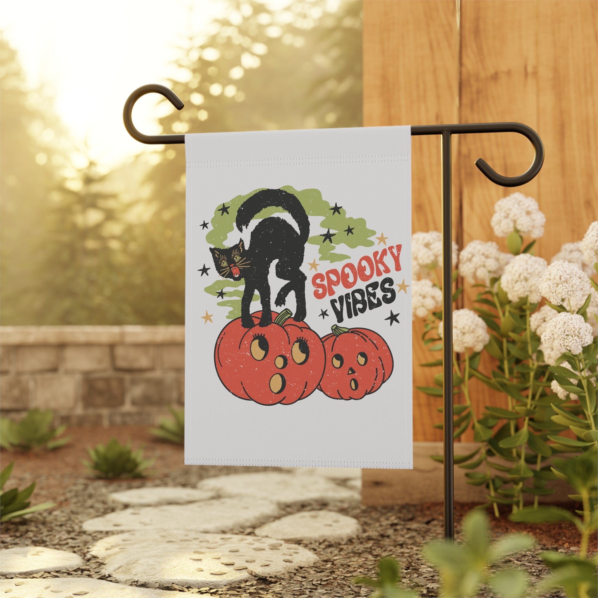 Spooky Vibes Black Cat Halloween Garden Flag 12x18 – Vintage Pumpkins Fall Yard Decor