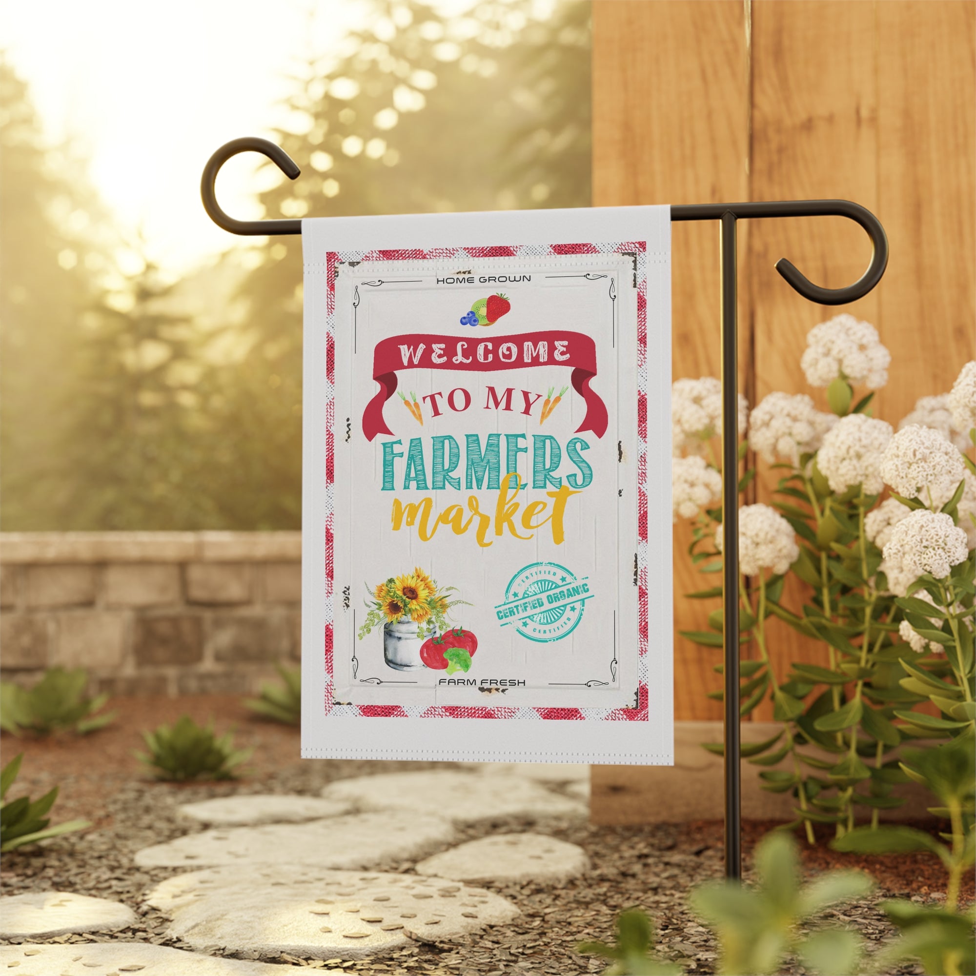 Charming Farmers Market garden flag displayed outdoors on a vegetable garden flag stand