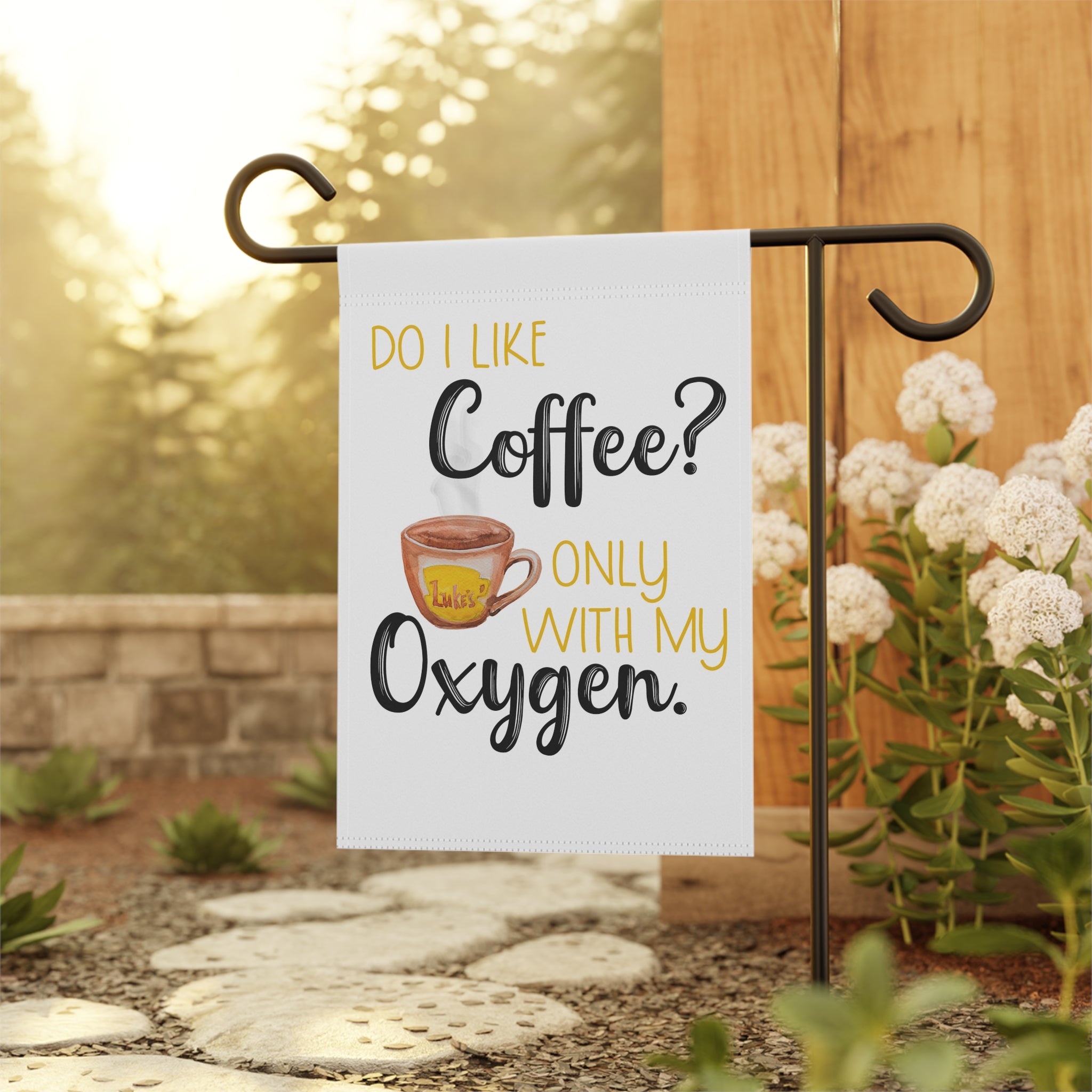 Sassy coffee mom garden flag displayed outdoors on a porch flag stand