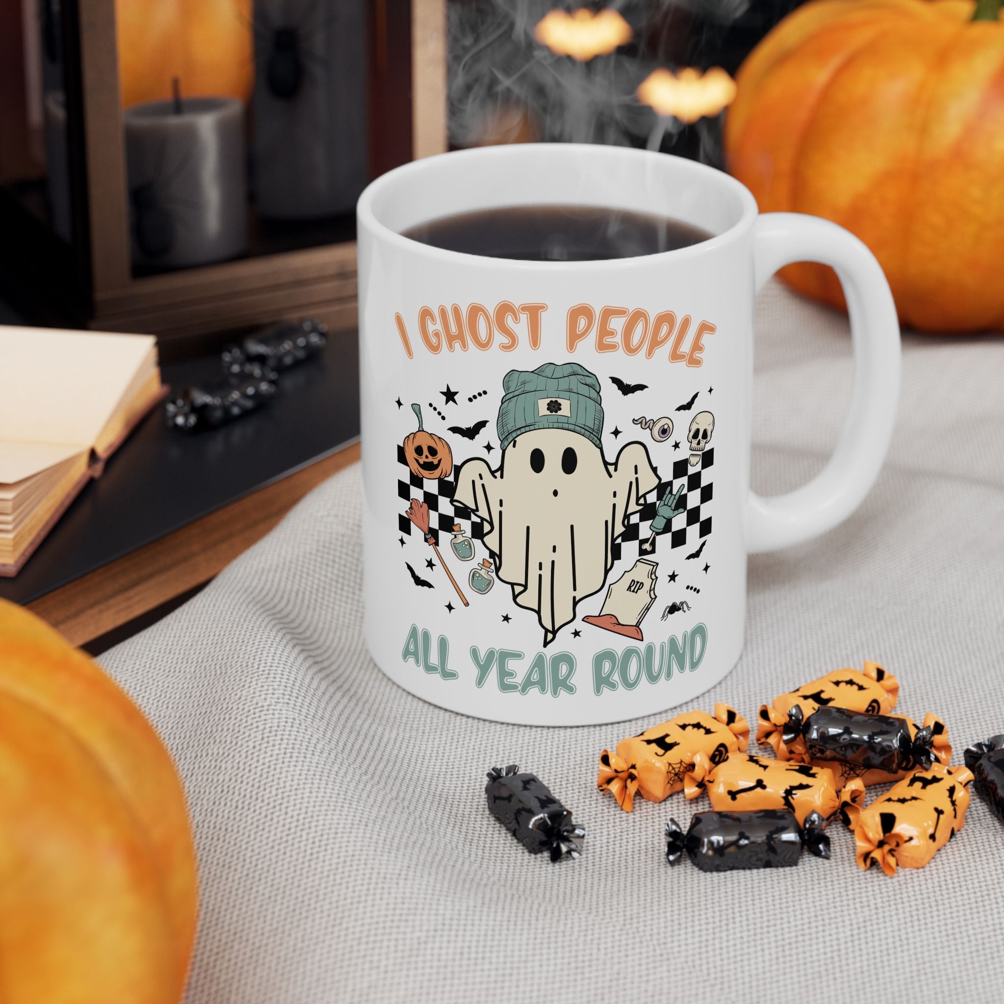 I Ghost People All Year Round – Funny Retro Halloween Coffee Mug (11oz, 15oz)