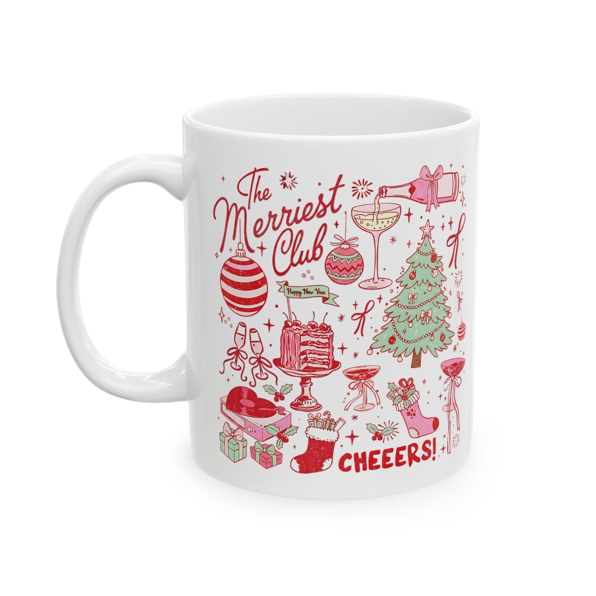 White mug with Christmas-themed designs and text on a white background