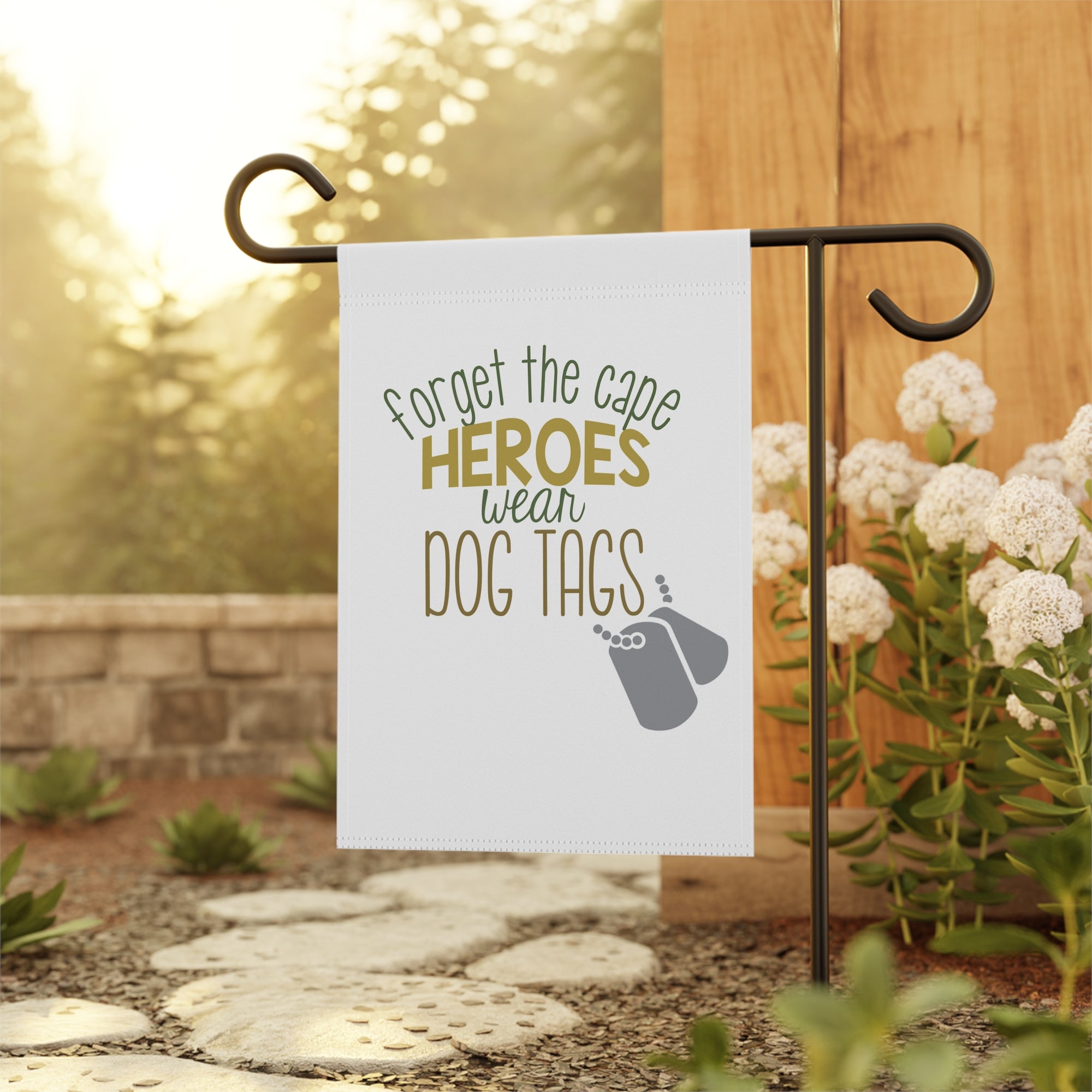 Military support patriotic garden flag displayed outdoors honoring veterans