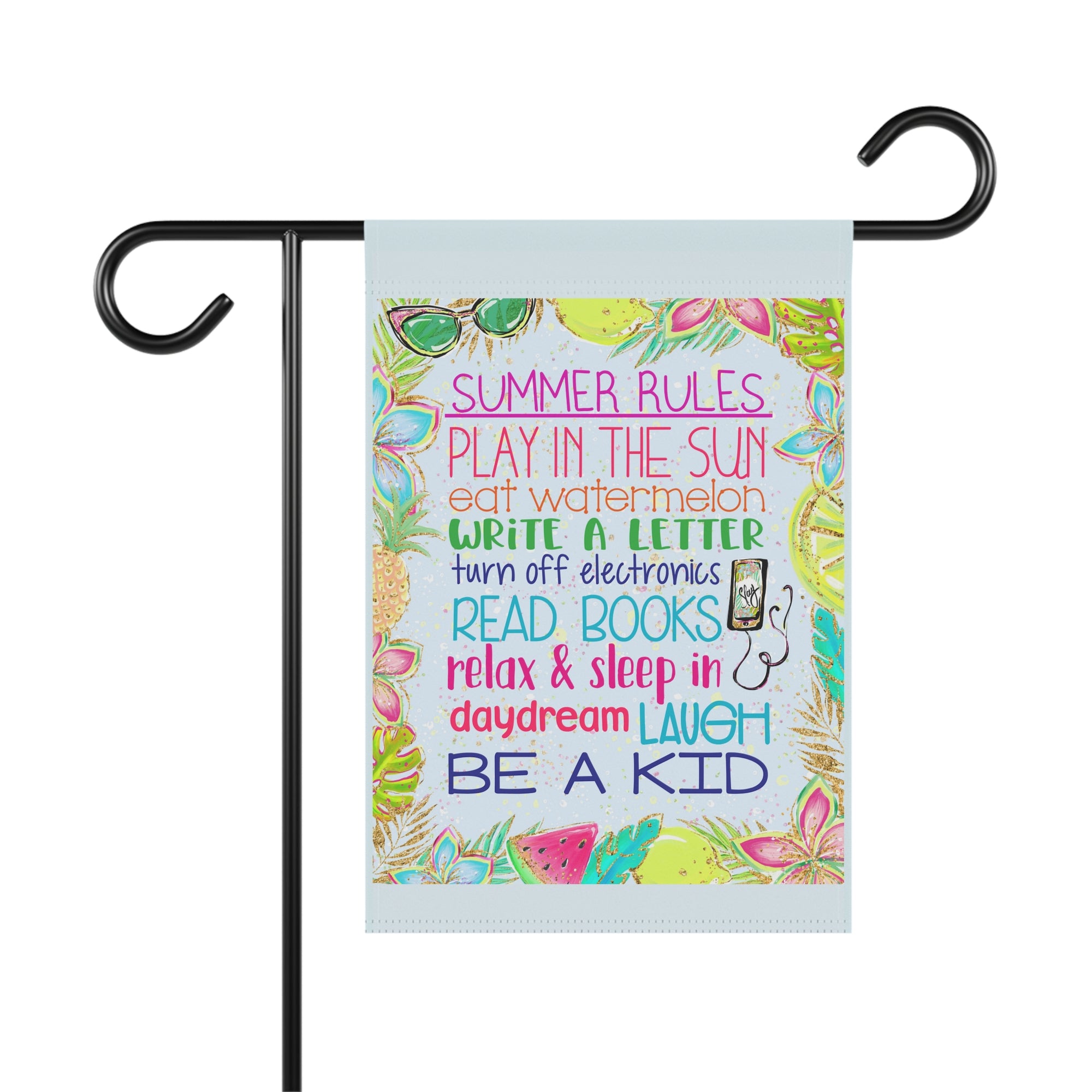 Summer Rules colorful family garden flag with happy summer typography