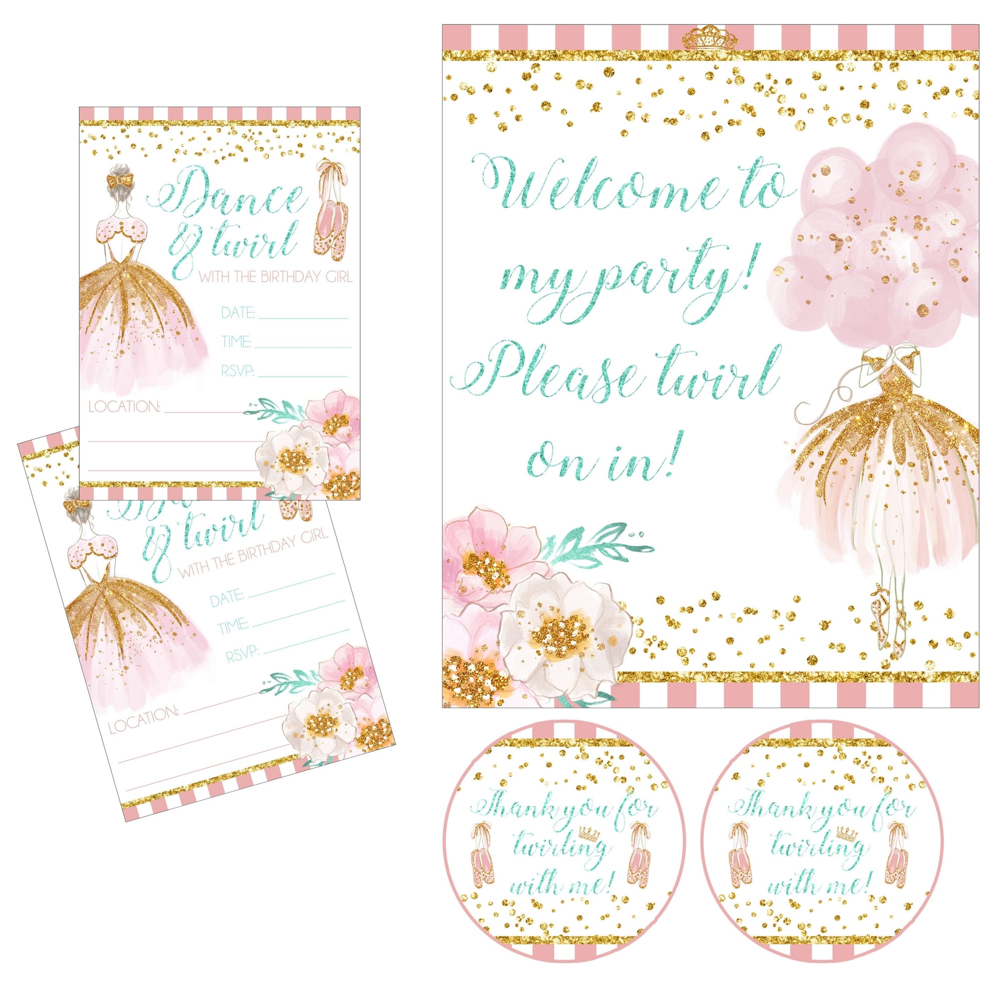 Pink ballerina ballet party bundle with invitations, favor stickers and welcome poster in gold-sparkle watercolor florals