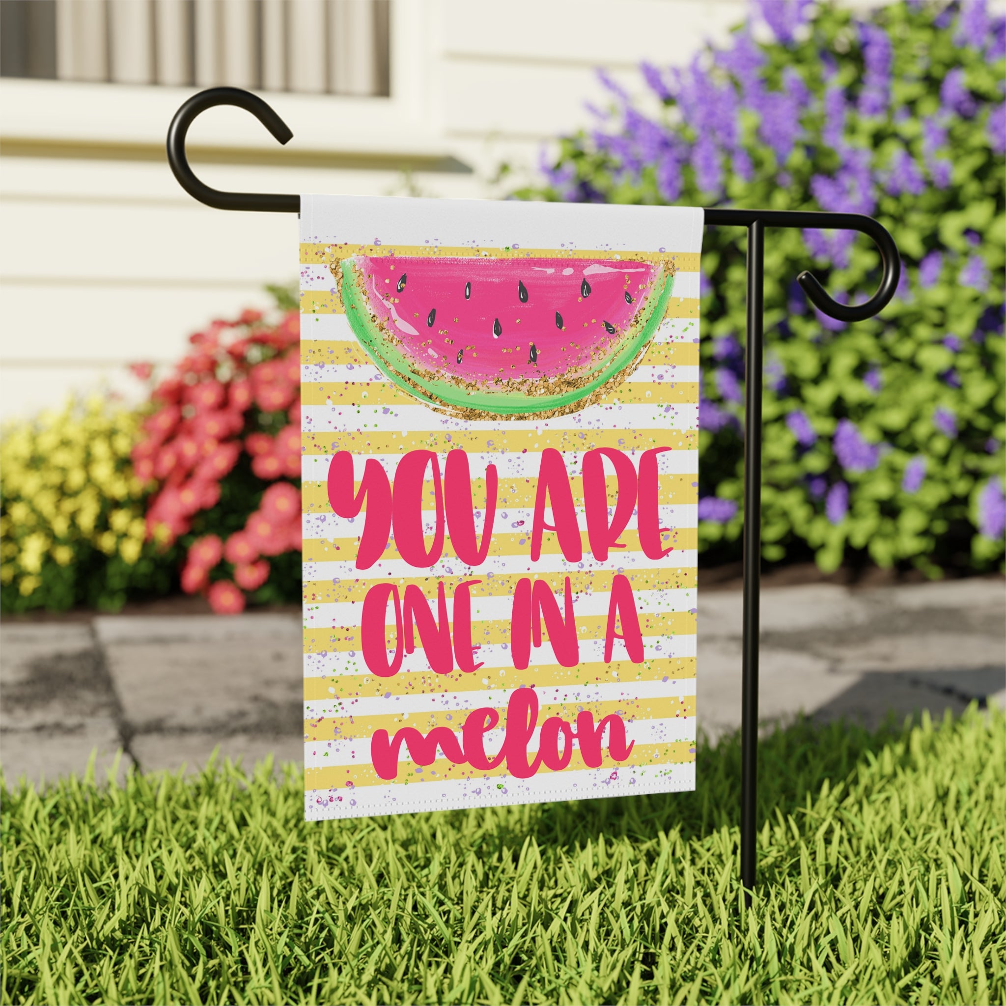Close-up of One in a Melon garden flag with watercolor watermelon detail