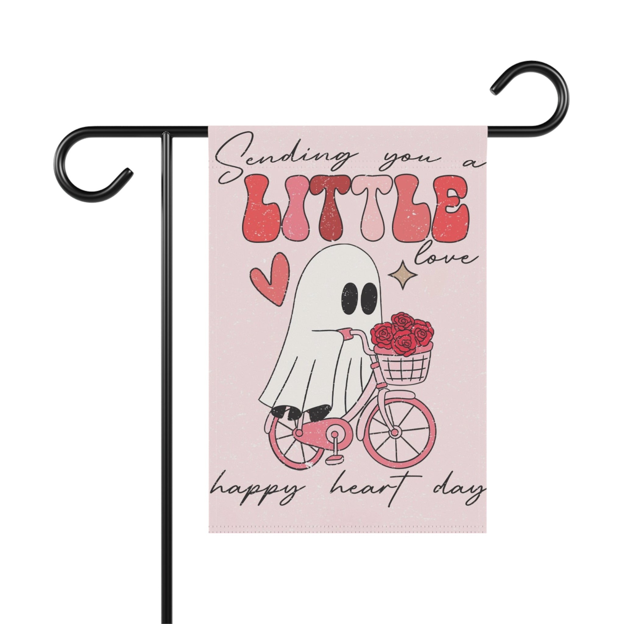 Sweet ghost Valentine garden flag with 'Sending You a Little Love' message in soft watercolor