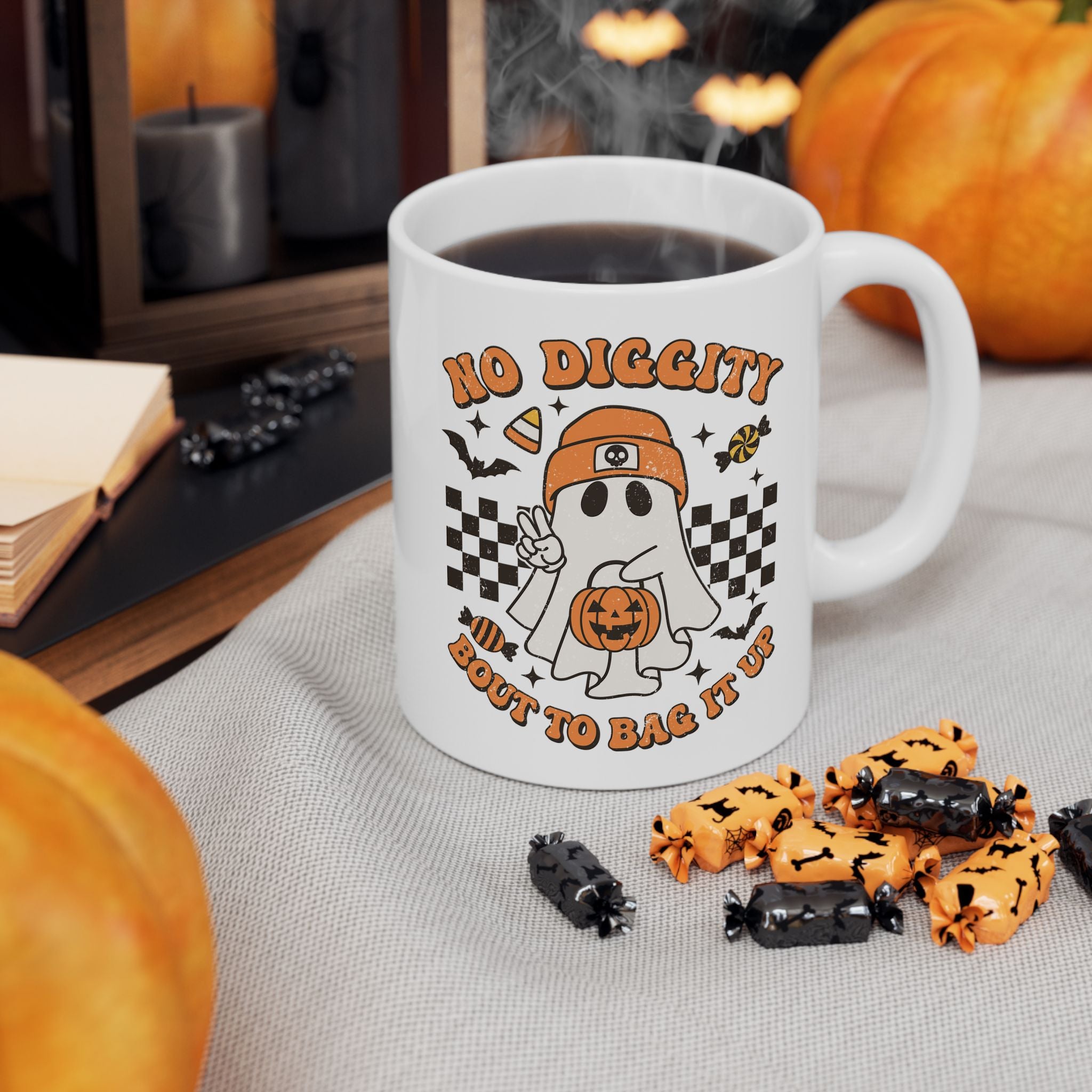 No Diggity, Bout To Bag It Up – Funny Retro Ghost Halloween Coffee Mug (11oz, 15oz)