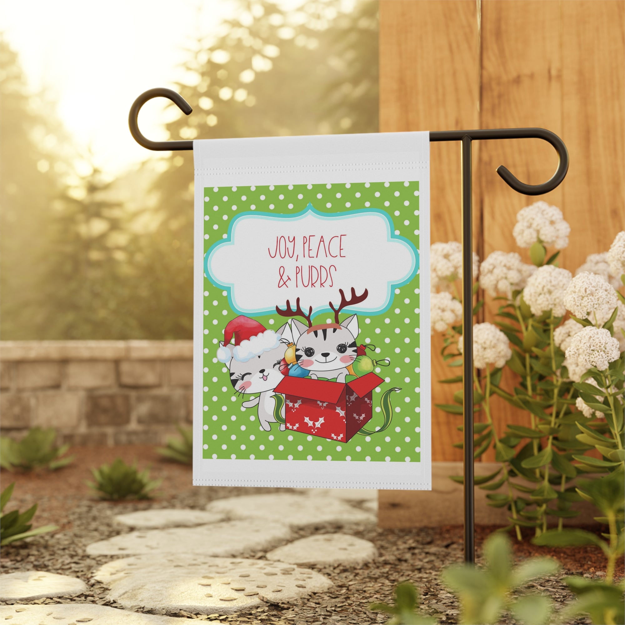 Joy Peace and Purrs Christmas Cat Garden Flag 12x18 – Cute Winter House Yard Decor