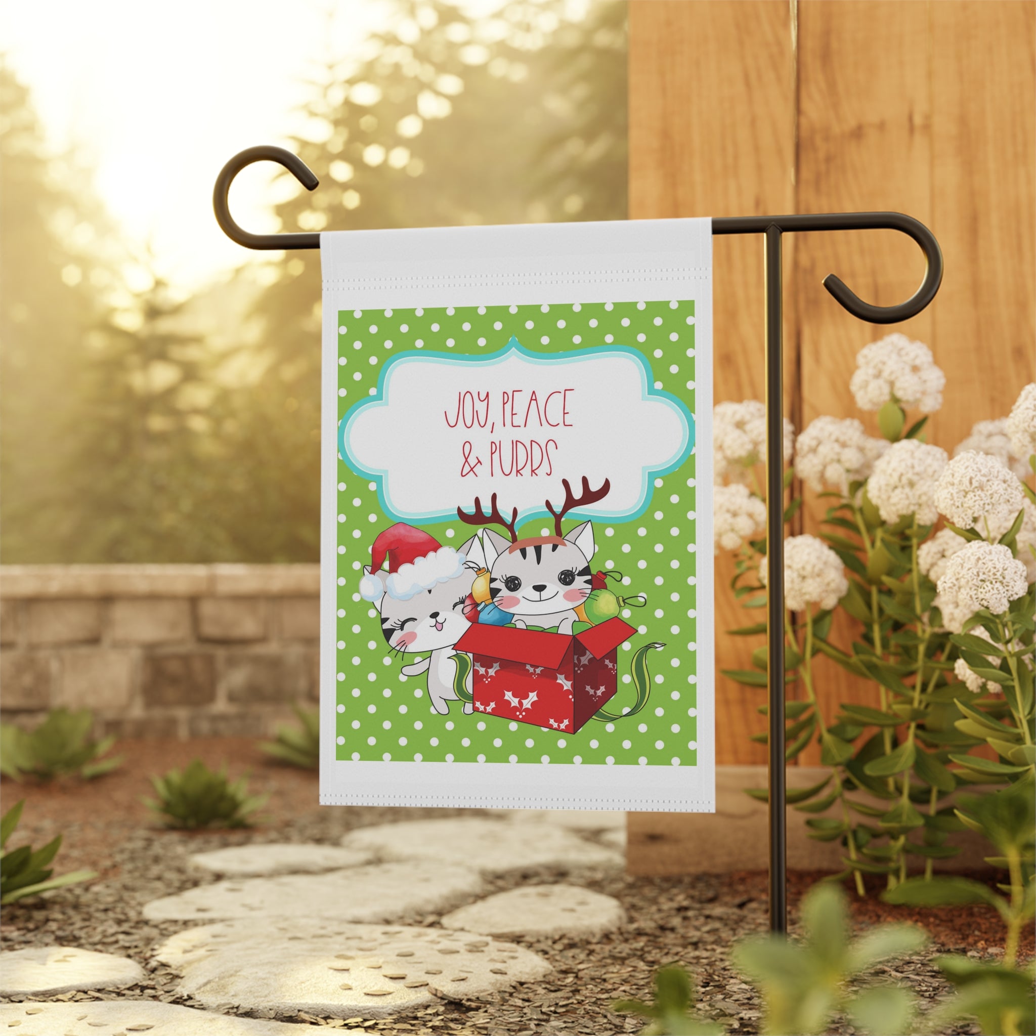 Joy Peace and Purrs Christmas Cat Garden Flag 12x18 – Cute Winter House Yard Decor