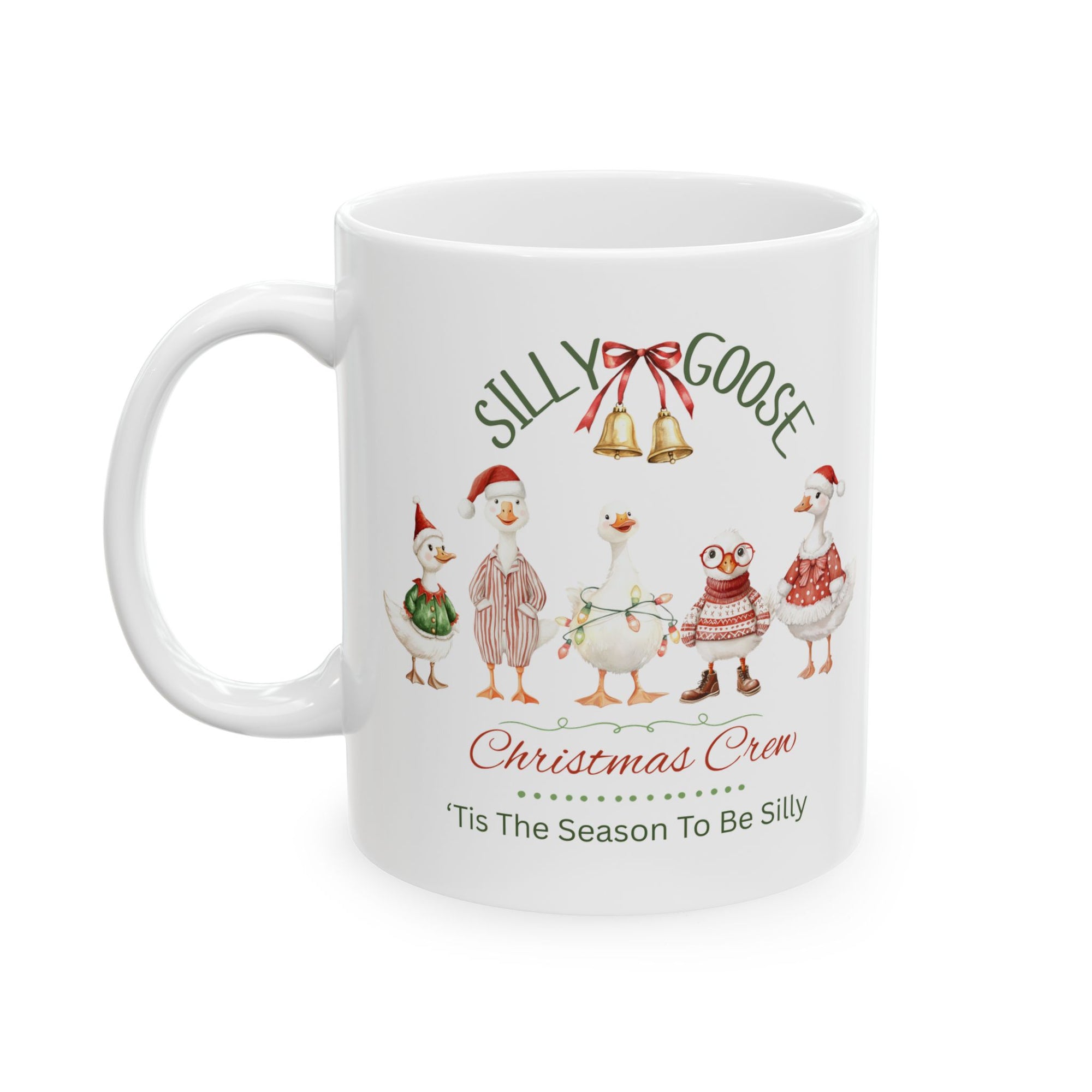 White mug with Christmas-themed design featuring geese and text on a white background