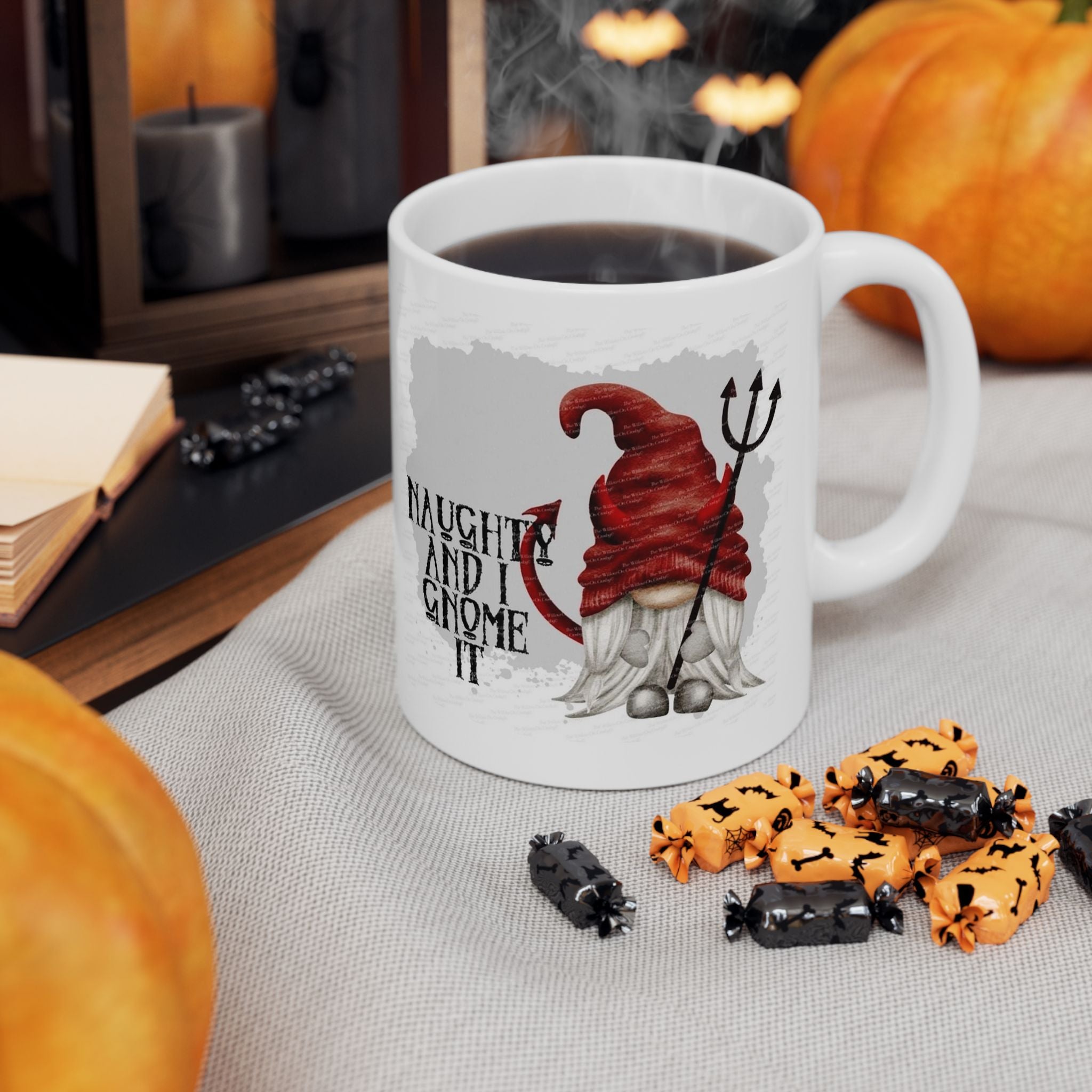 Naughty and I Gnome It - Red Devil Gnome Ghost Halloween Mug Drinkware Design (11oz, 15oz)