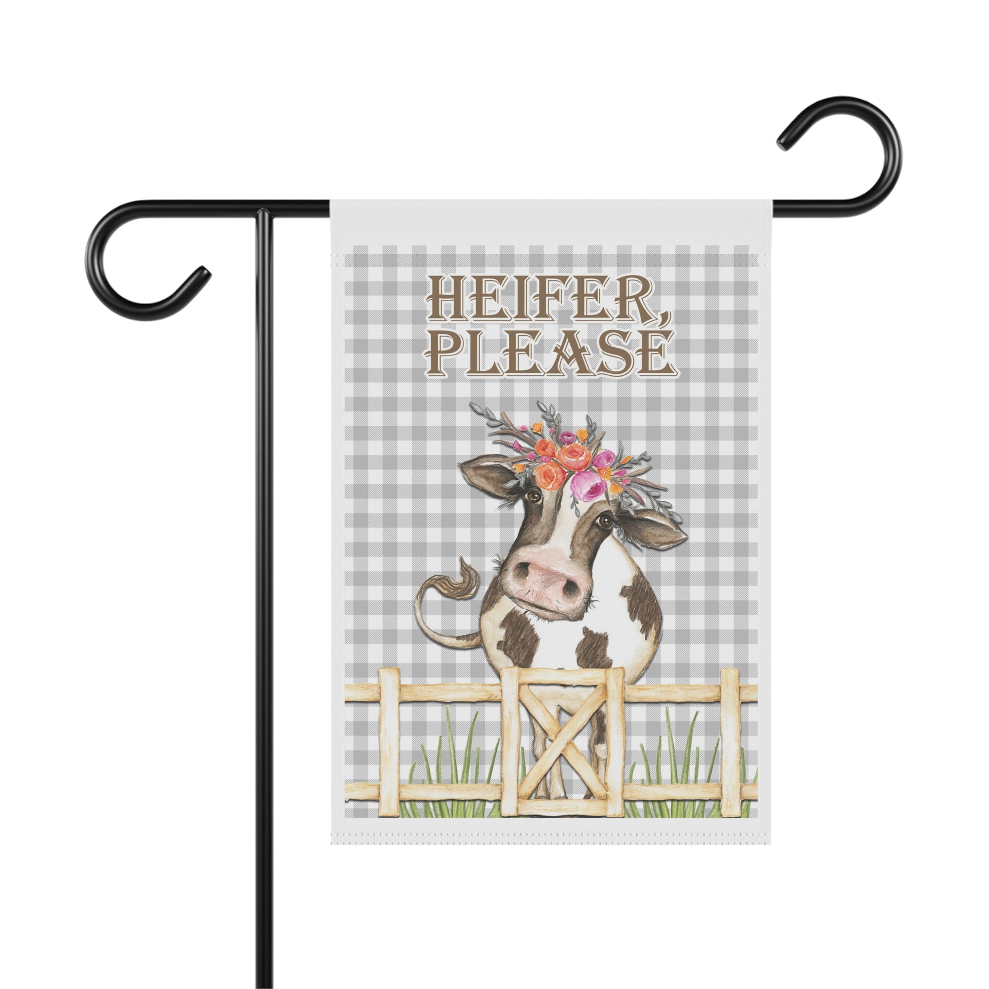 Heifer Please punny watercolor cow garden flag with floral country charm