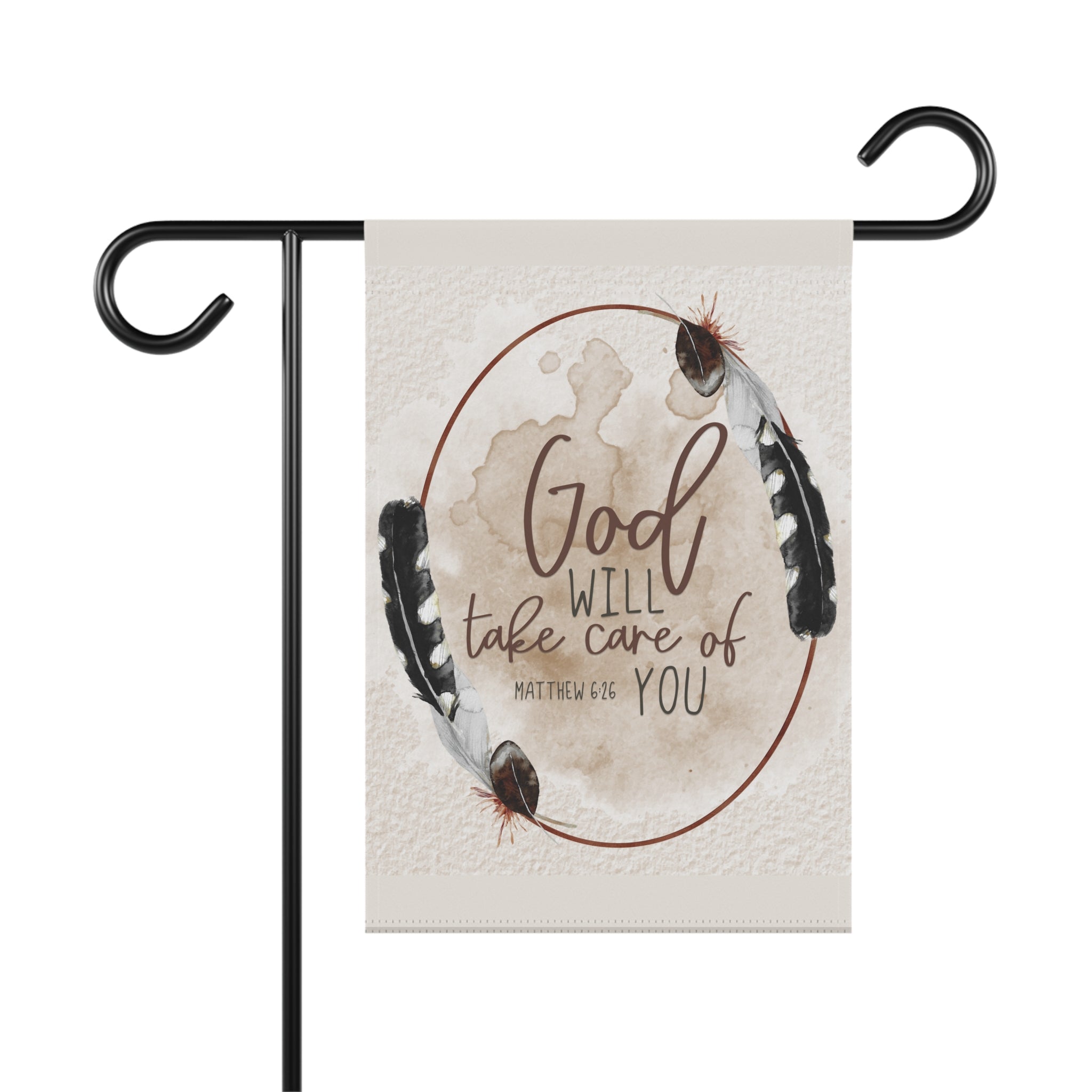 God Will Take Care of You scripture garden flag with watercolor bird and feather illustration