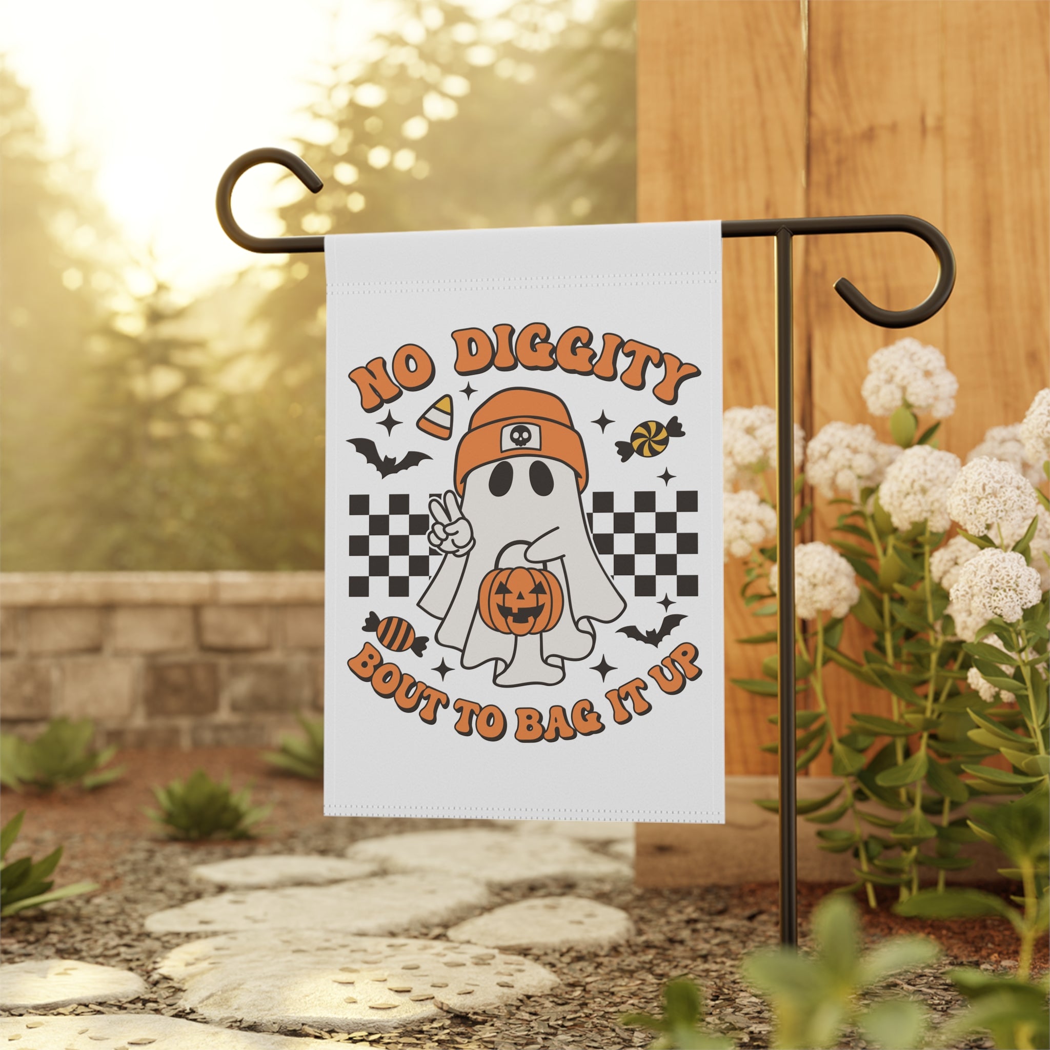 No Diggity Bout To Bag It Up Halloween Garden Flag 12x18 – Funny Ghost House Yard Decor