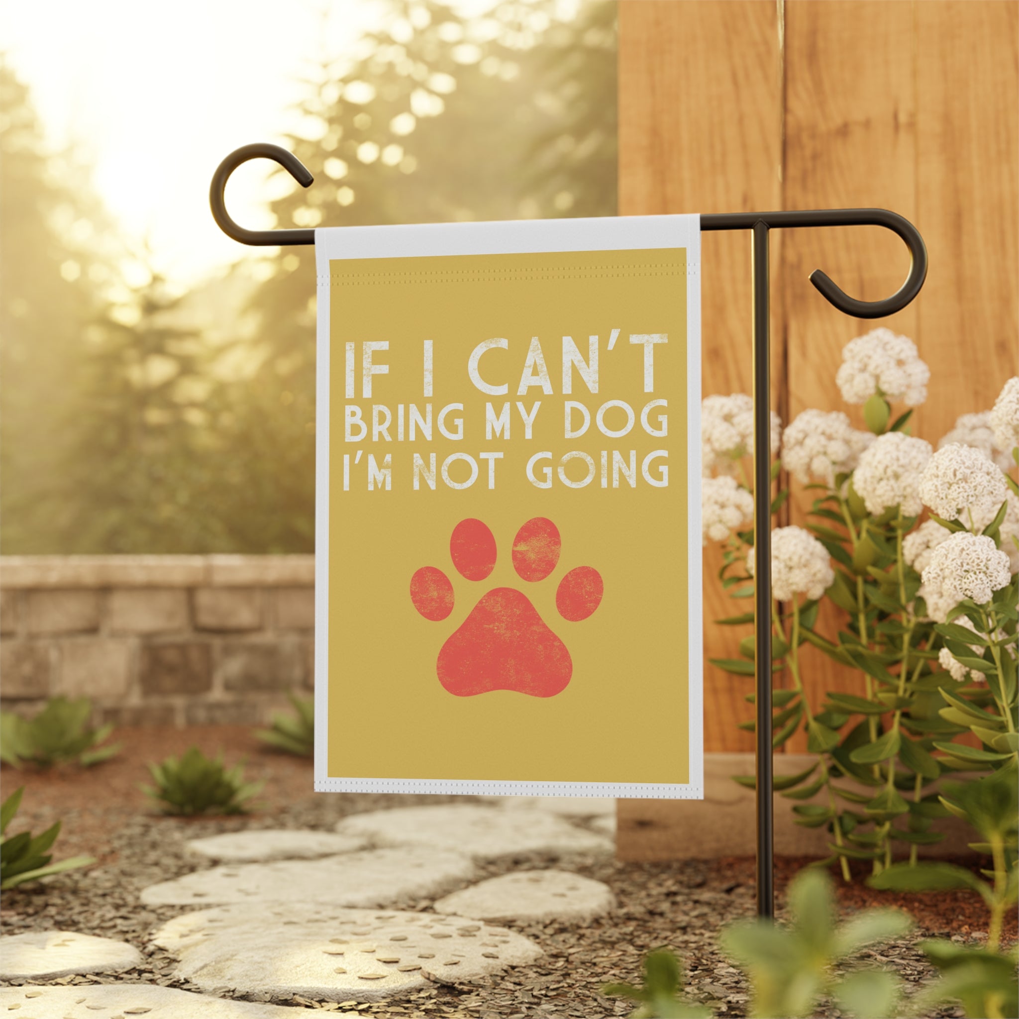 Funny dog mom priorities garden flag displayed outdoors on a porch flag stand