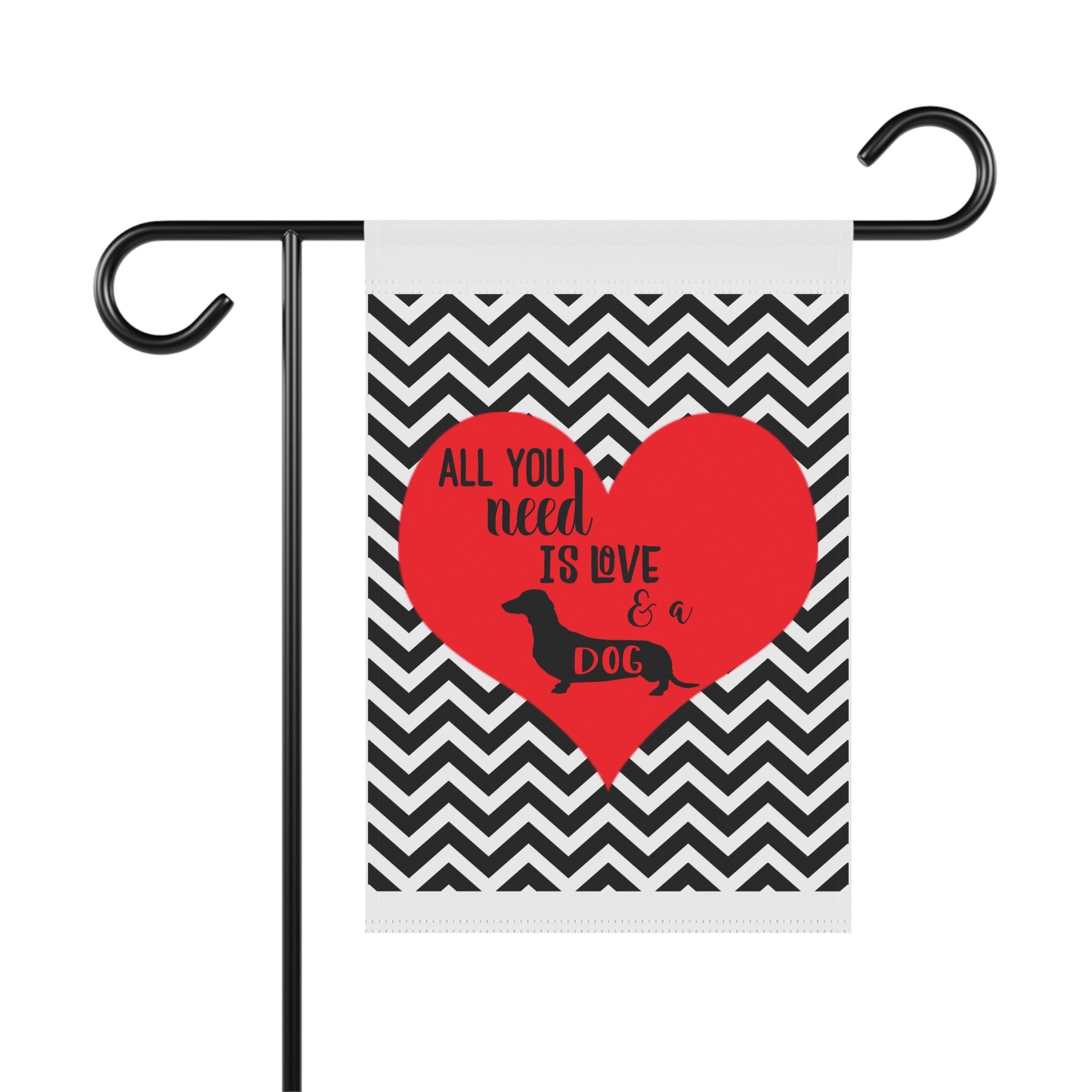 Love Is Wet Nose Wagging Tail Dachshund garden flag with chevron pattern background