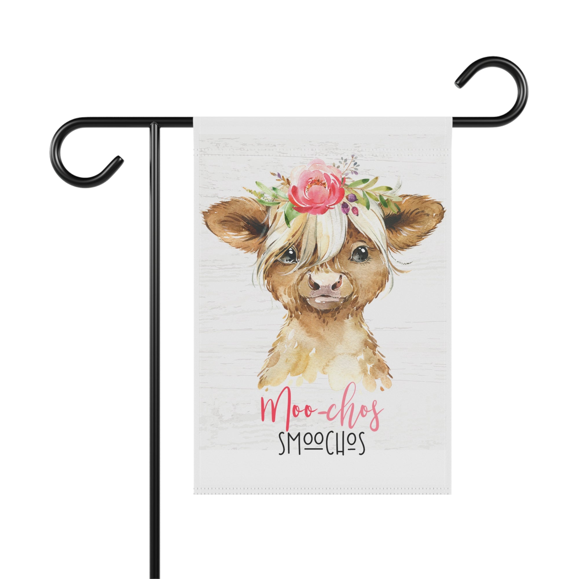 Sending All A Moo-Chos SmooChos highland cow garden flag with watercolor florals