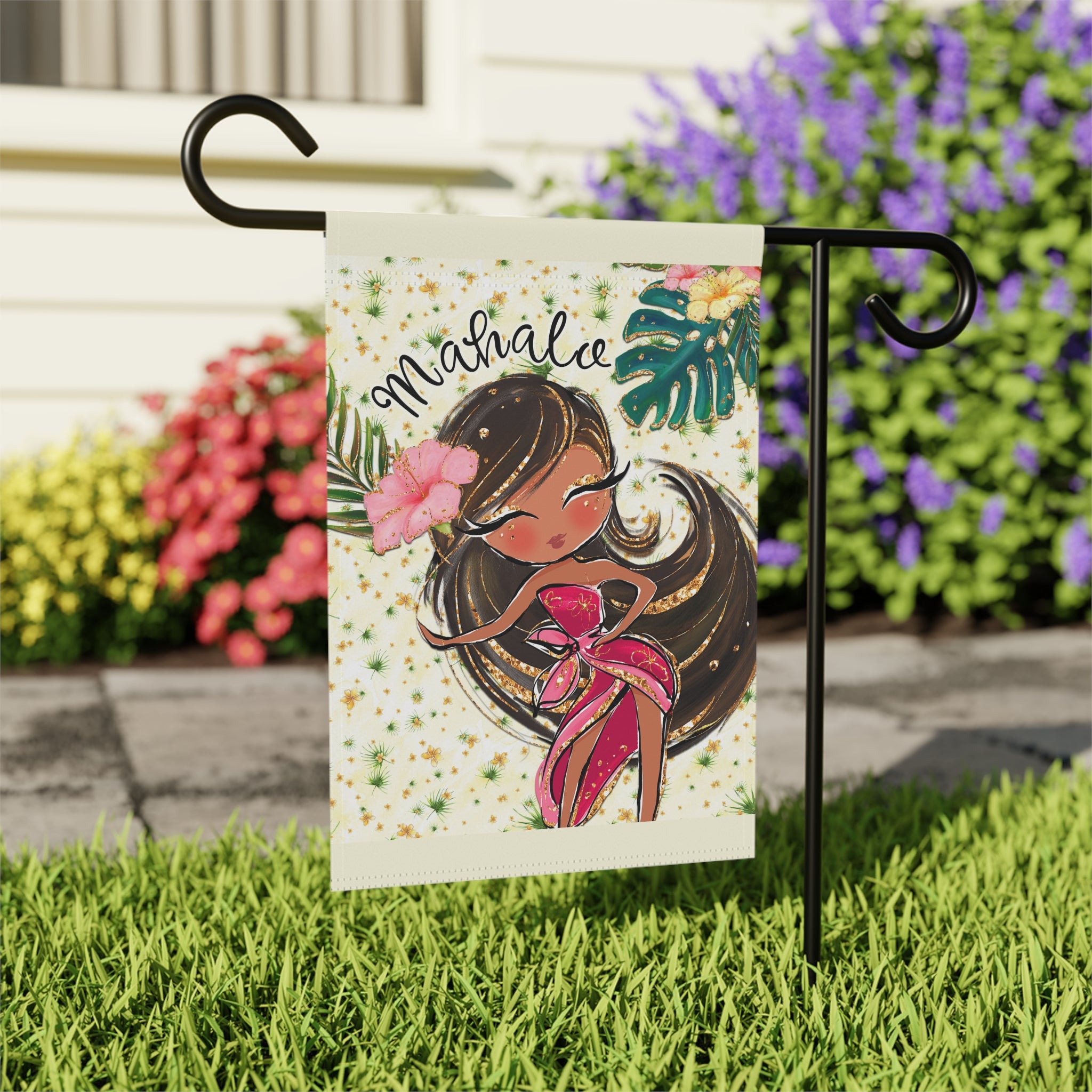 Close-up of Mahalo Tropical garden flag with vintage tropical florals