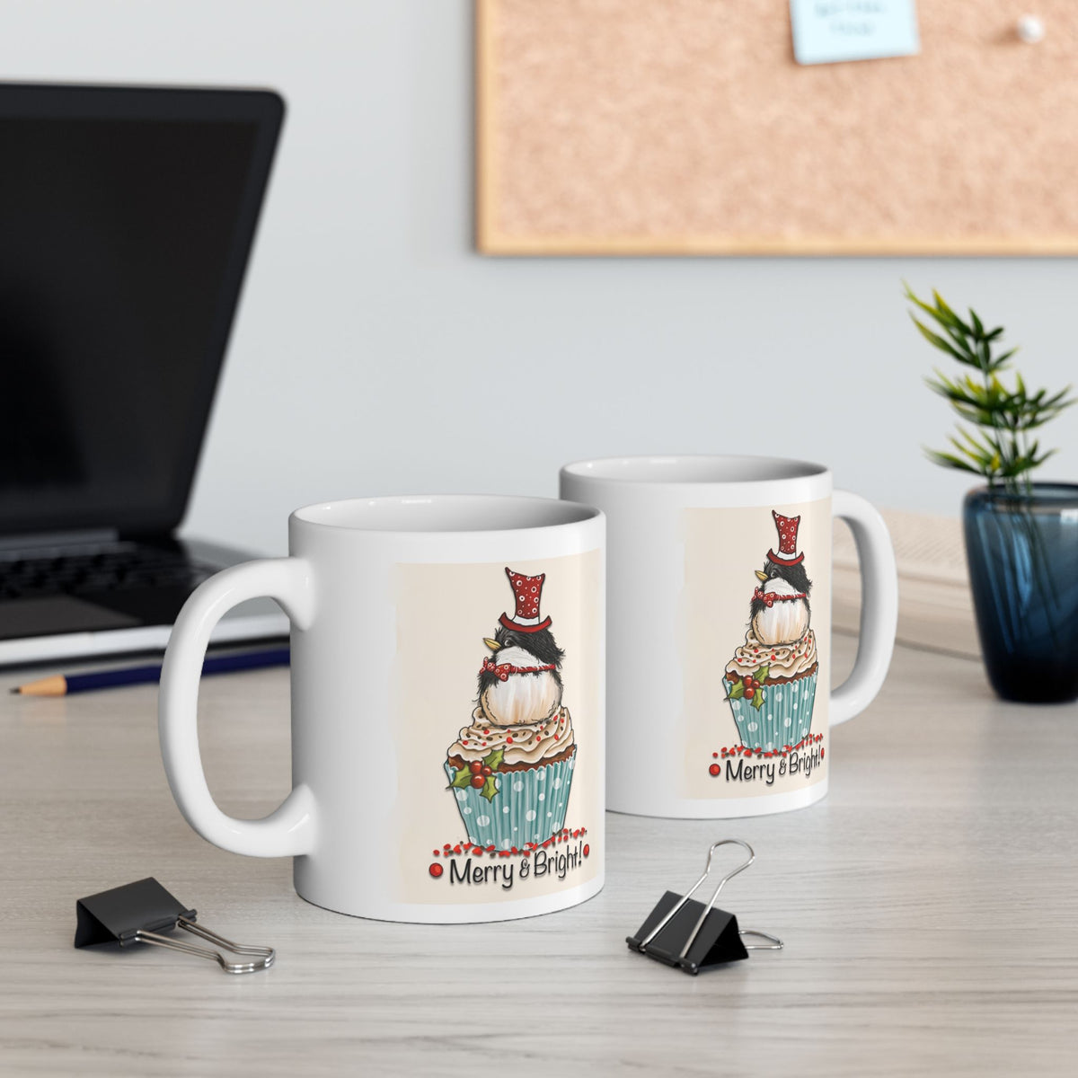Merry and Bright - Cute Bird Cupcake Christmas Mug Drinkware Design (11oz, 15oz)