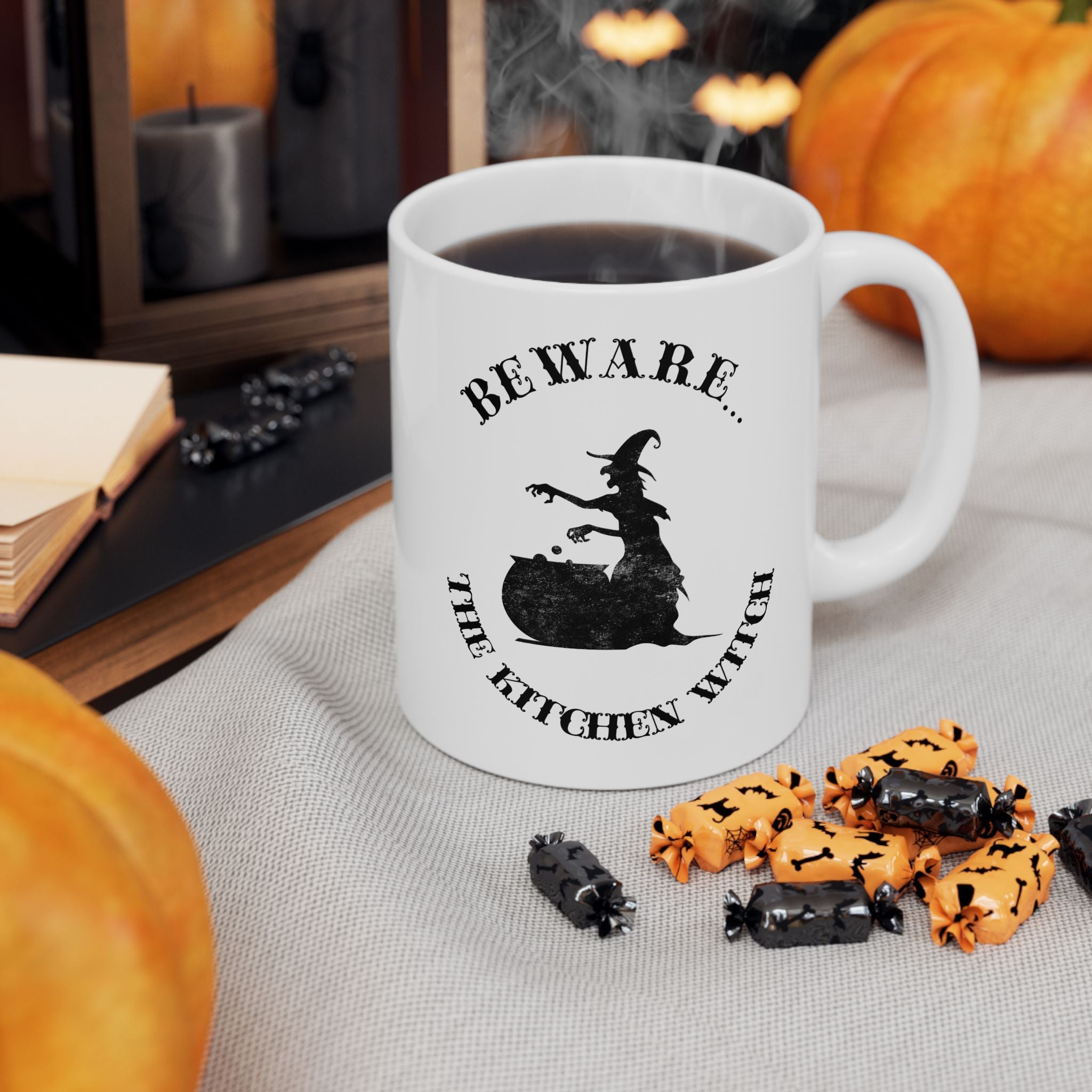 Beware The Kitchen Witch - Funny Cauldron Halloween Mug Drinkware Design (11oz, 15oz)