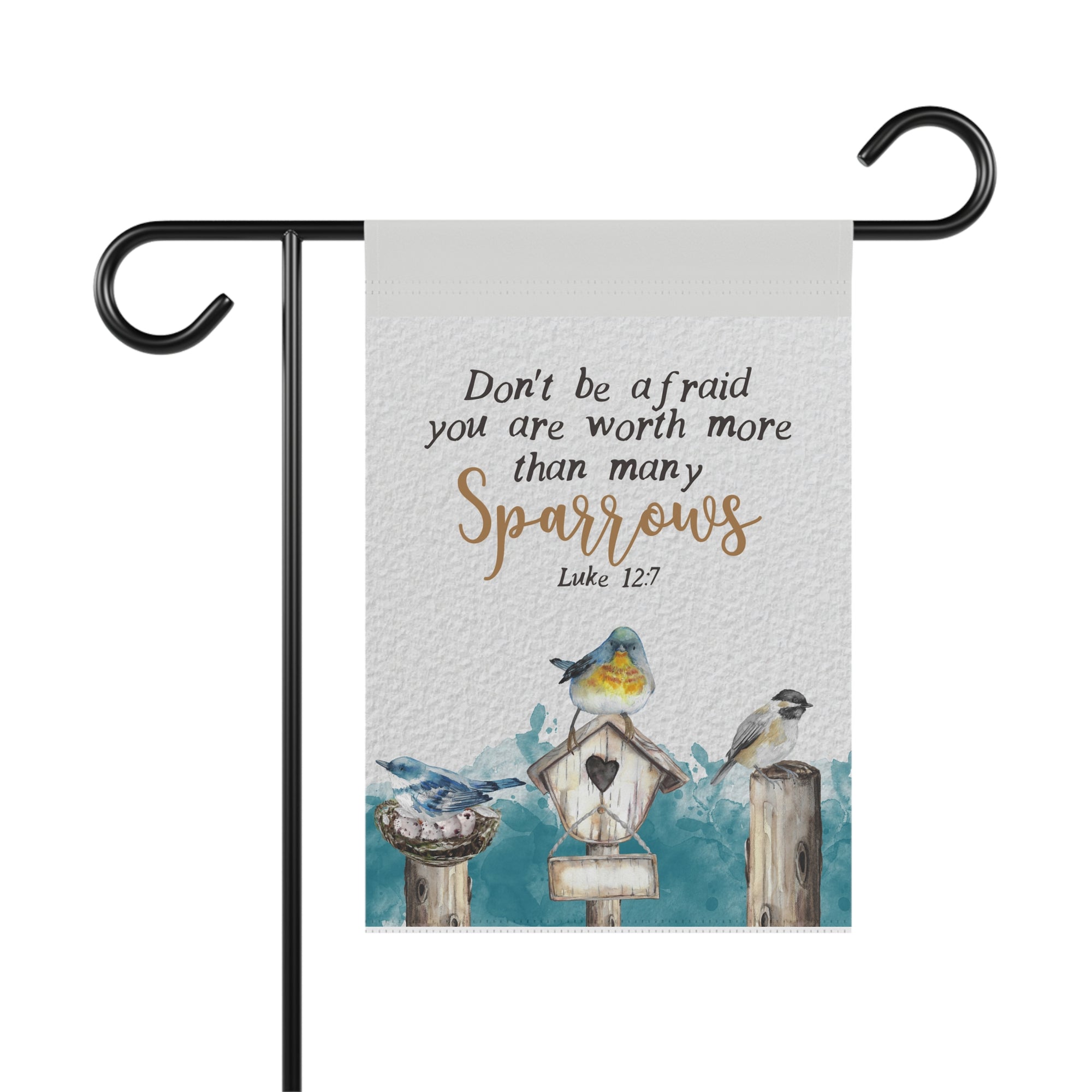 Don't Be Afraid Many Sparrows scripture garden flag with watercolor bird design