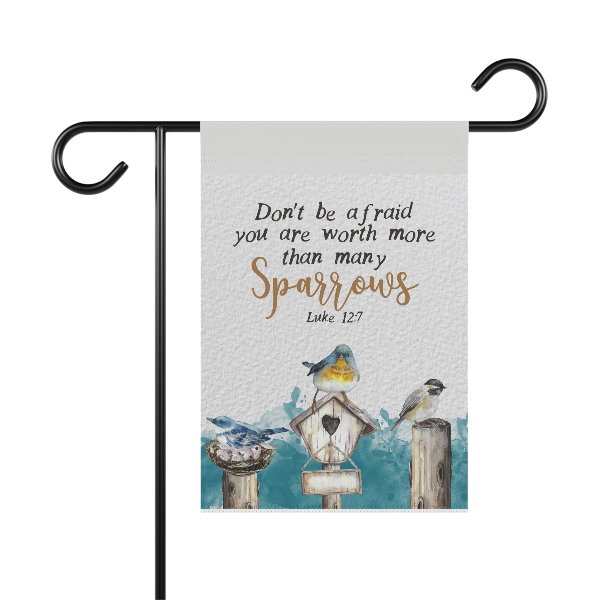 Don't Be Afraid Many Sparrows scripture garden flag with watercolor bird design