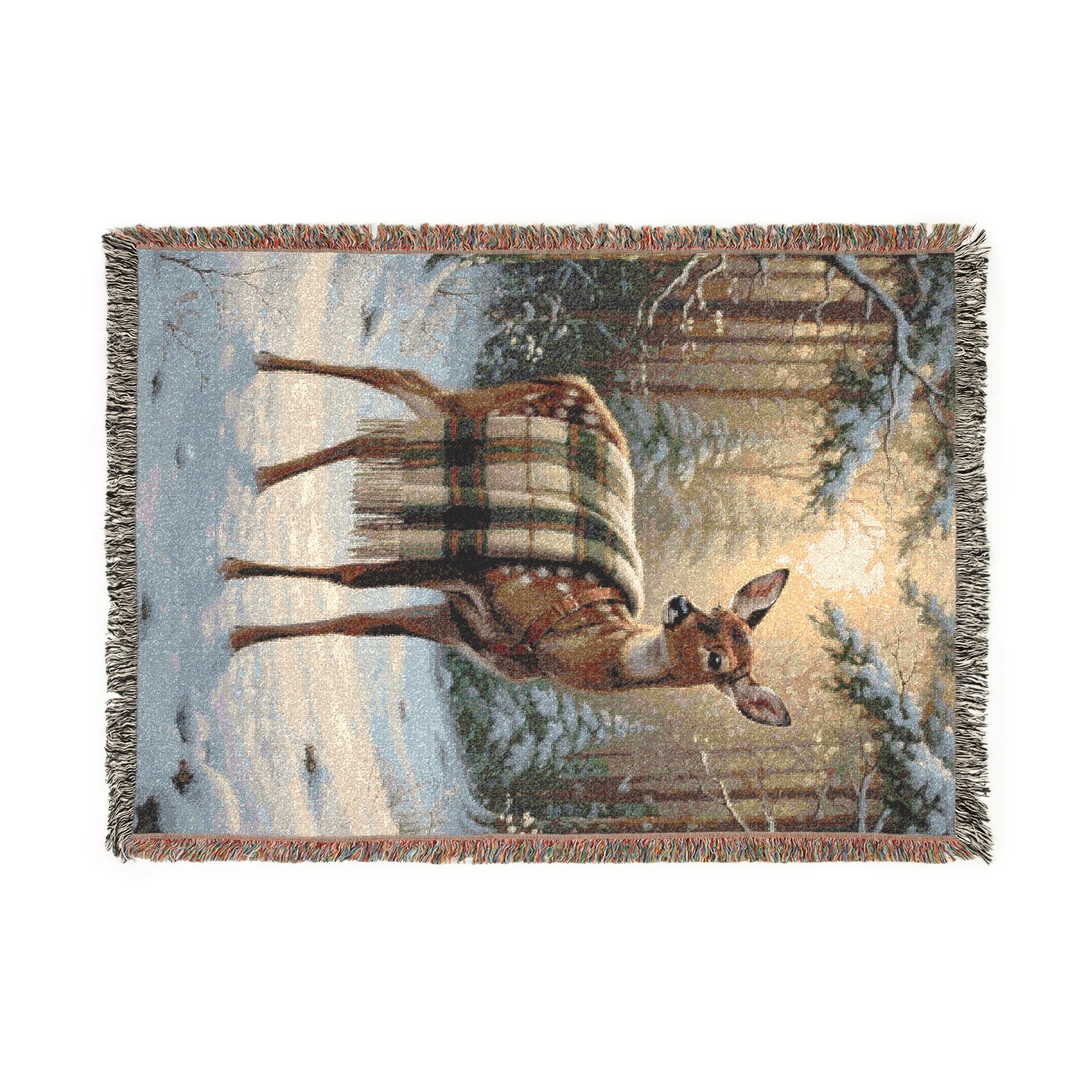Beautiful Deer in the Woods Painting, Old World Heritage Style, Christmas Woven Blanket