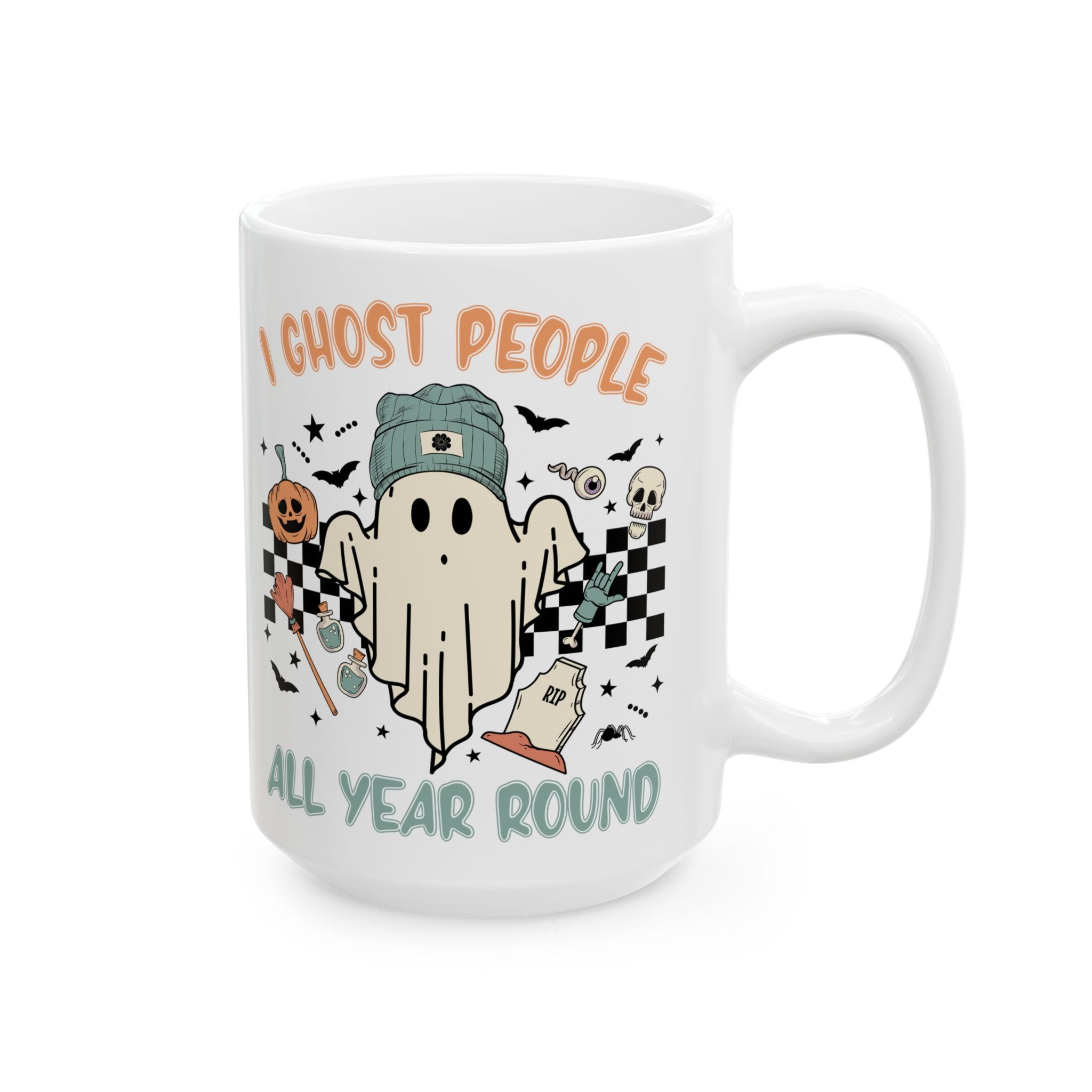 I Ghost People All Year Round – Funny Retro Halloween Coffee Mug (11oz, 15oz)